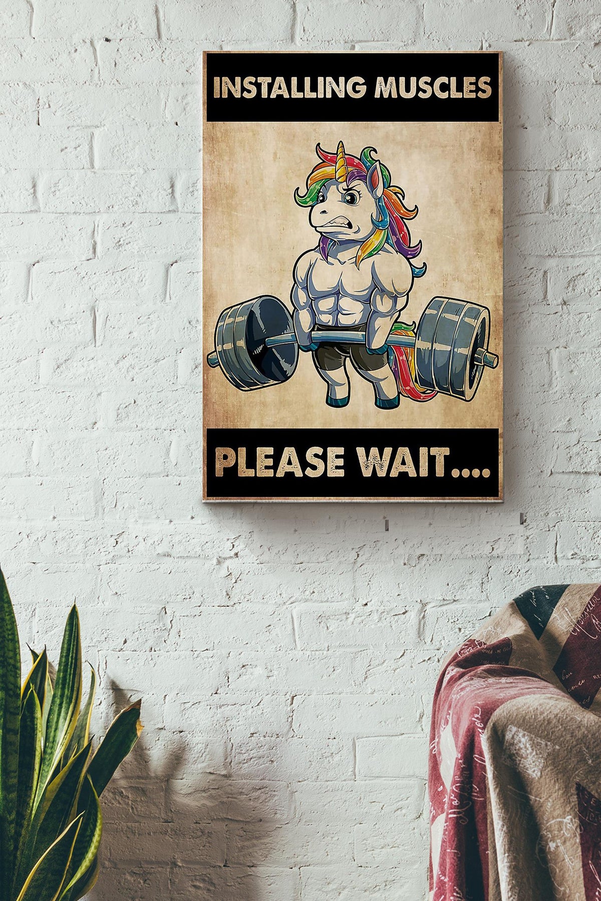 Installing Muscles Please Wait Lifting Unicorn Poster Canvas Gallery Wrapped Canvas Framed Gift Idea