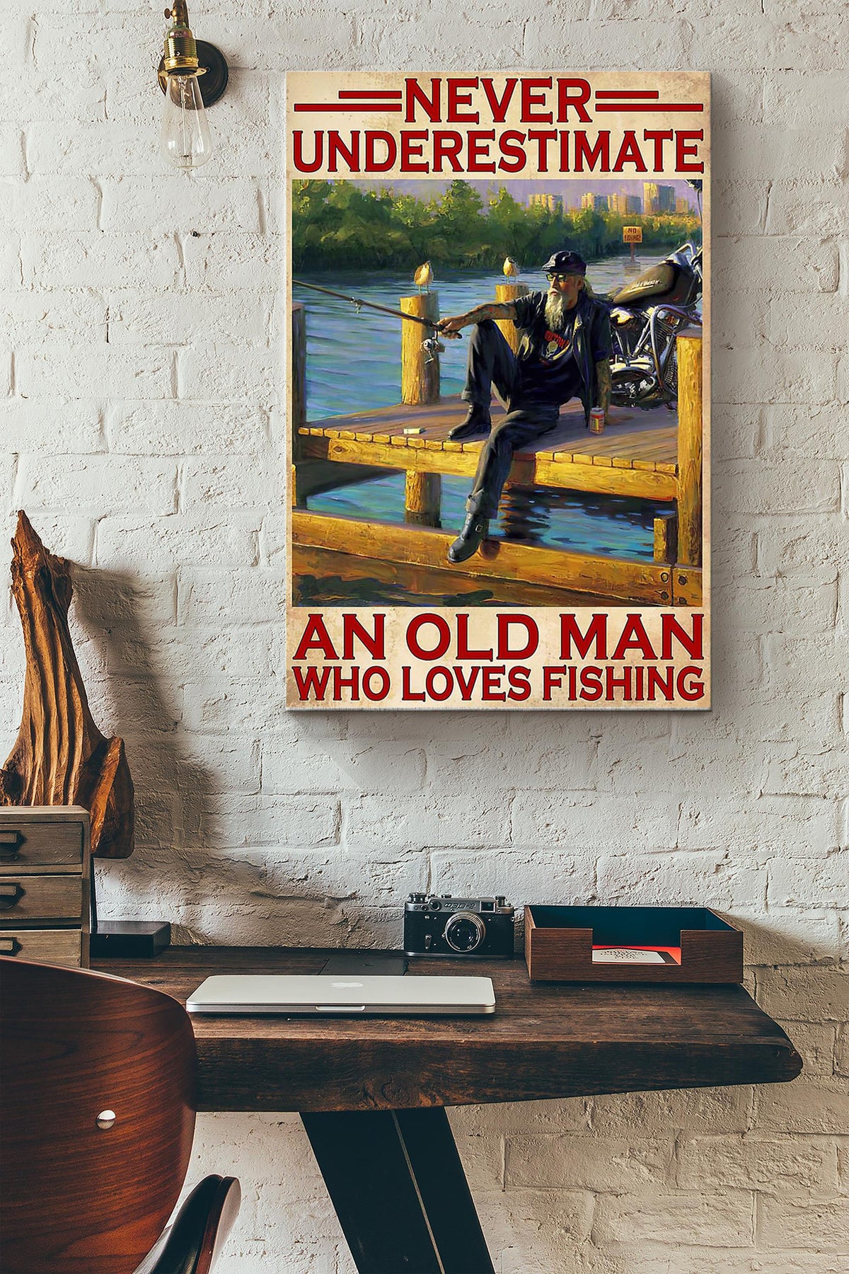 Never Underestimate An Old Man Who Love Fishing Canvas Gallery Wrapped Canvas Framed Gift Idea