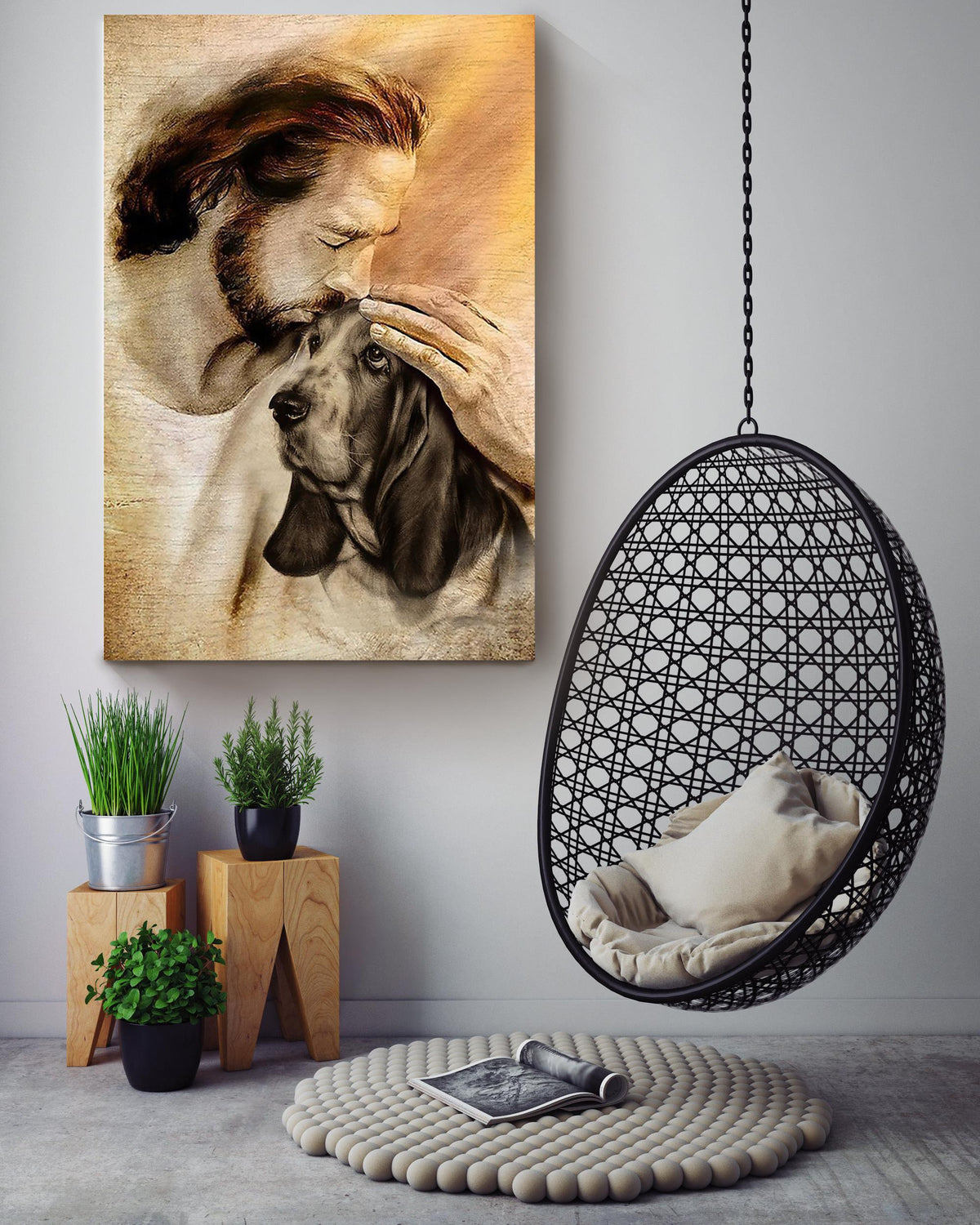 Jesus And Basset Hound Dog God Wall Art For Home Decor Gift For Dog Lovers Christian Canvas Gallery Wrapped Canvas Framed Gift Idea Framed Prints, Canvas