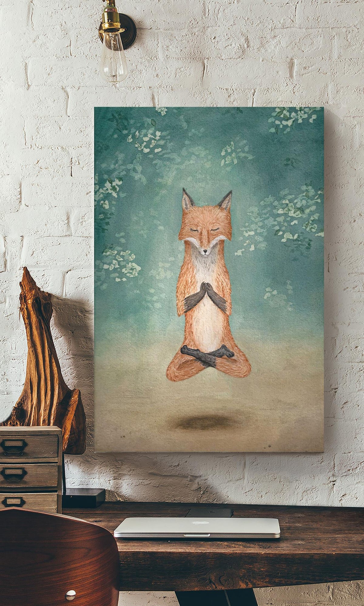 Meditating Fox Namaste Chakra Wall Art For Yoga Room Decor Canvas Framed Prints, Canvas