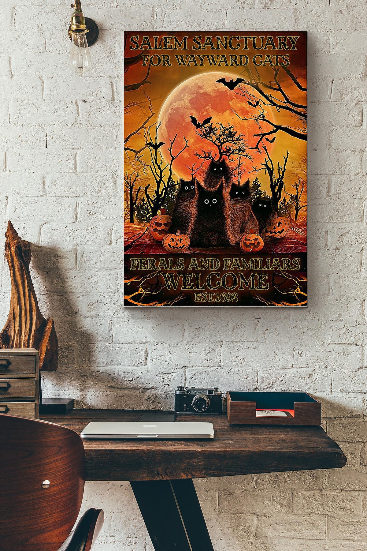 Salem Sanctuary For Wayward Cats Vintage Poster - Halloween Wall Art - Gift For Kids Halloween Black Cat Lover Adorable Moon Lover Canvas Gallery Wrapped Canvas Framed Gift Idea Framed Prints, Canvas