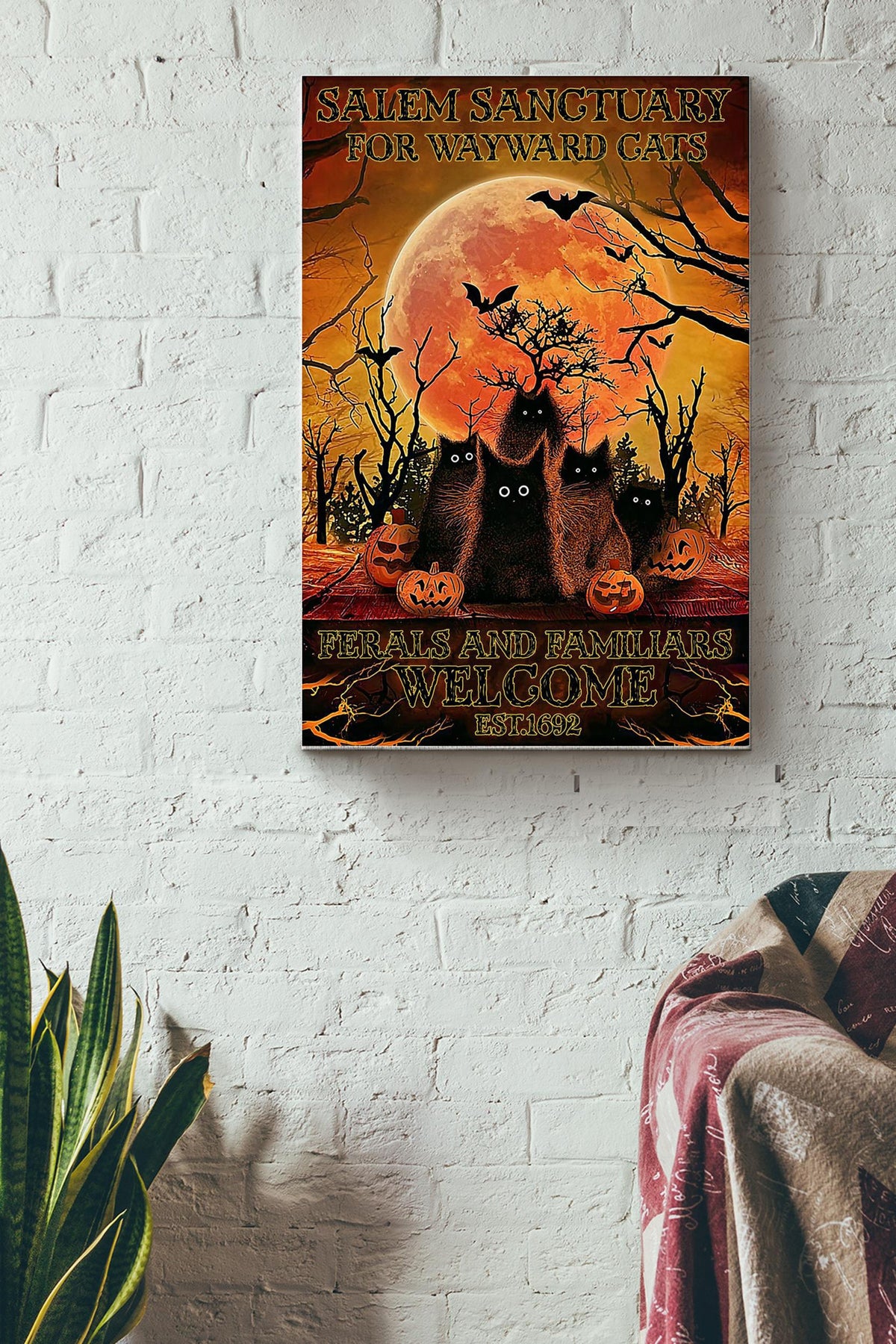 Salem Sanctuary For Wayward Cats Vintage Poster - Halloween Wall Art - Gift For Kids Halloween Black Cat Lover Adorable Moon Lover Canvas Gallery Wrapped Canvas Framed Gift Idea Framed Prints, Canvas
