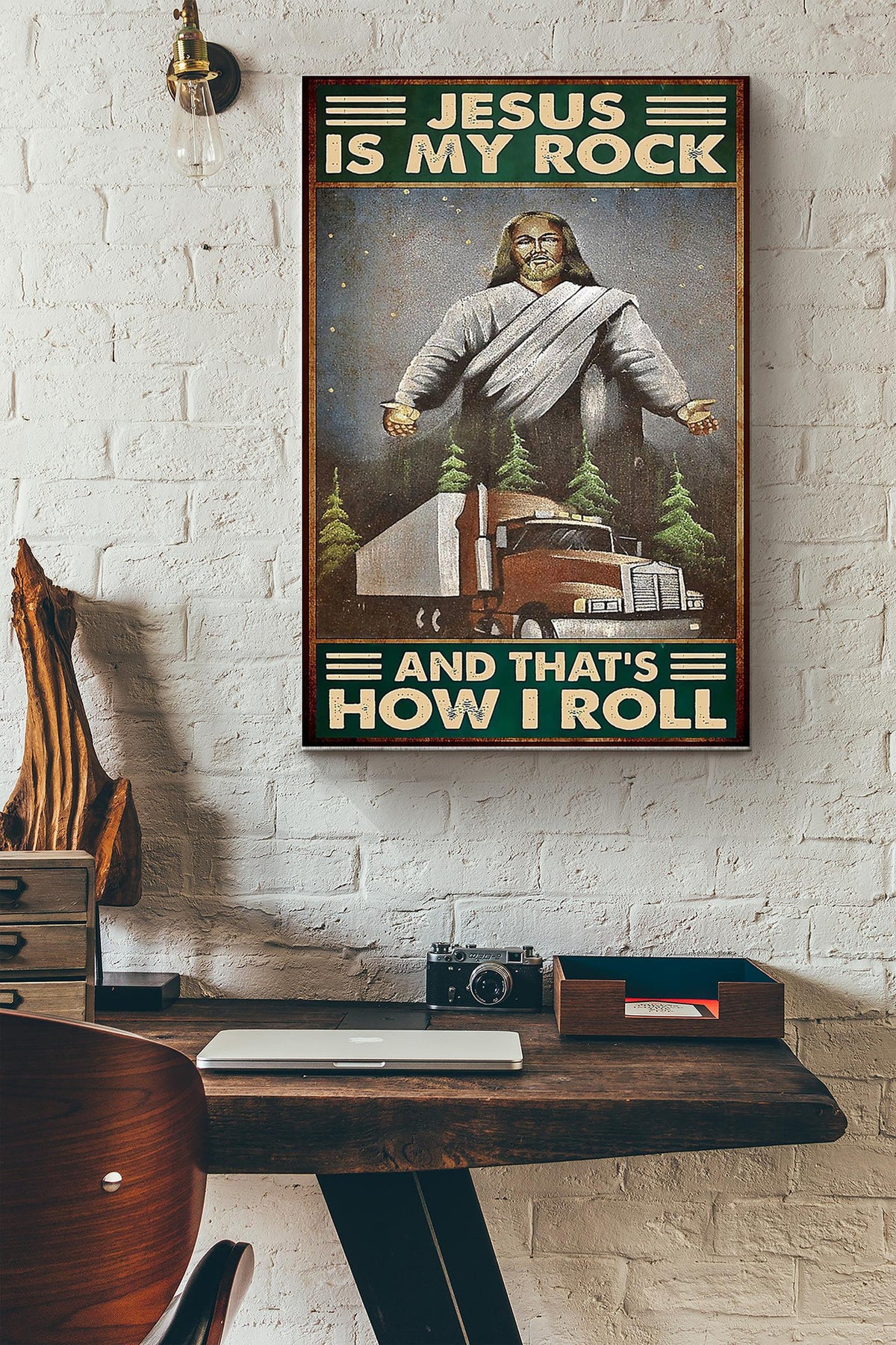 Jesus Is My Rock Thats How I Roll Poster - Trucker Wall Art Canvas - Gift For Father Fathers Day Truck Driver Christians Canvas Gallery Wrapped Canvas Framed Gift Idea Framed Prints, Canvas