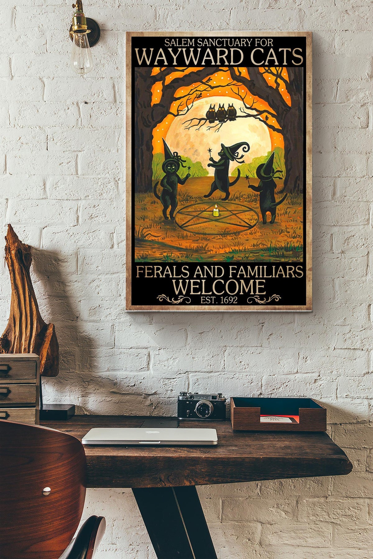Salem Sanctuary For Wayward Cat Poster - Halloween Wall Art - Gift For Cat Lover, Black Cat Fan, Halloween Decor Canvas Gallery Wrapped Canvas Framed Gift Idea Framed Prints, Canvas