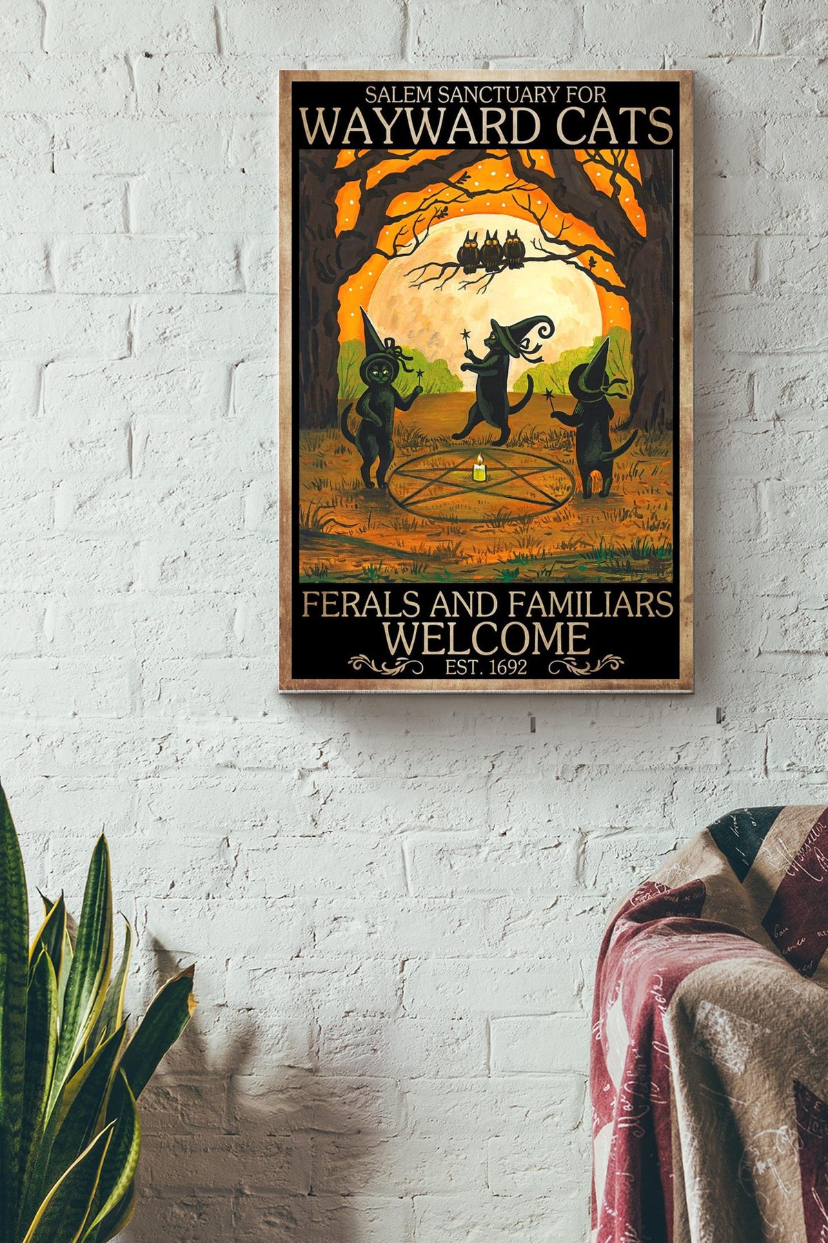Salem Sanctuary For Wayward Cat Poster - Halloween Wall Art - Gift For Cat Lover, Black Cat Fan, Halloween Decor Canvas Gallery Wrapped Canvas Framed Gift Idea Framed Prints, Canvas