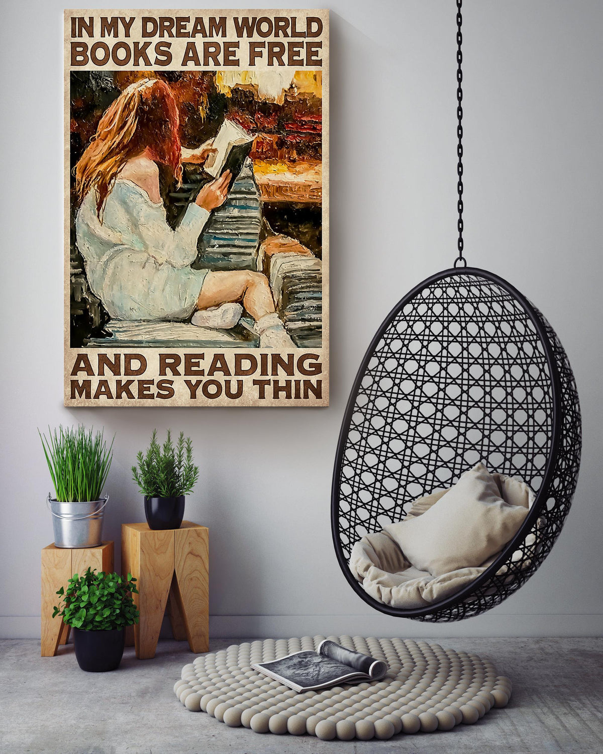 In My Dream World Books Are Free Anf Reading Makes You Thin Wall Art For Book Lover Library Decor National Book Loves Day Canvas Gallery Wrapped Canvas Framed Gift Idea Framed Prints, Canvas