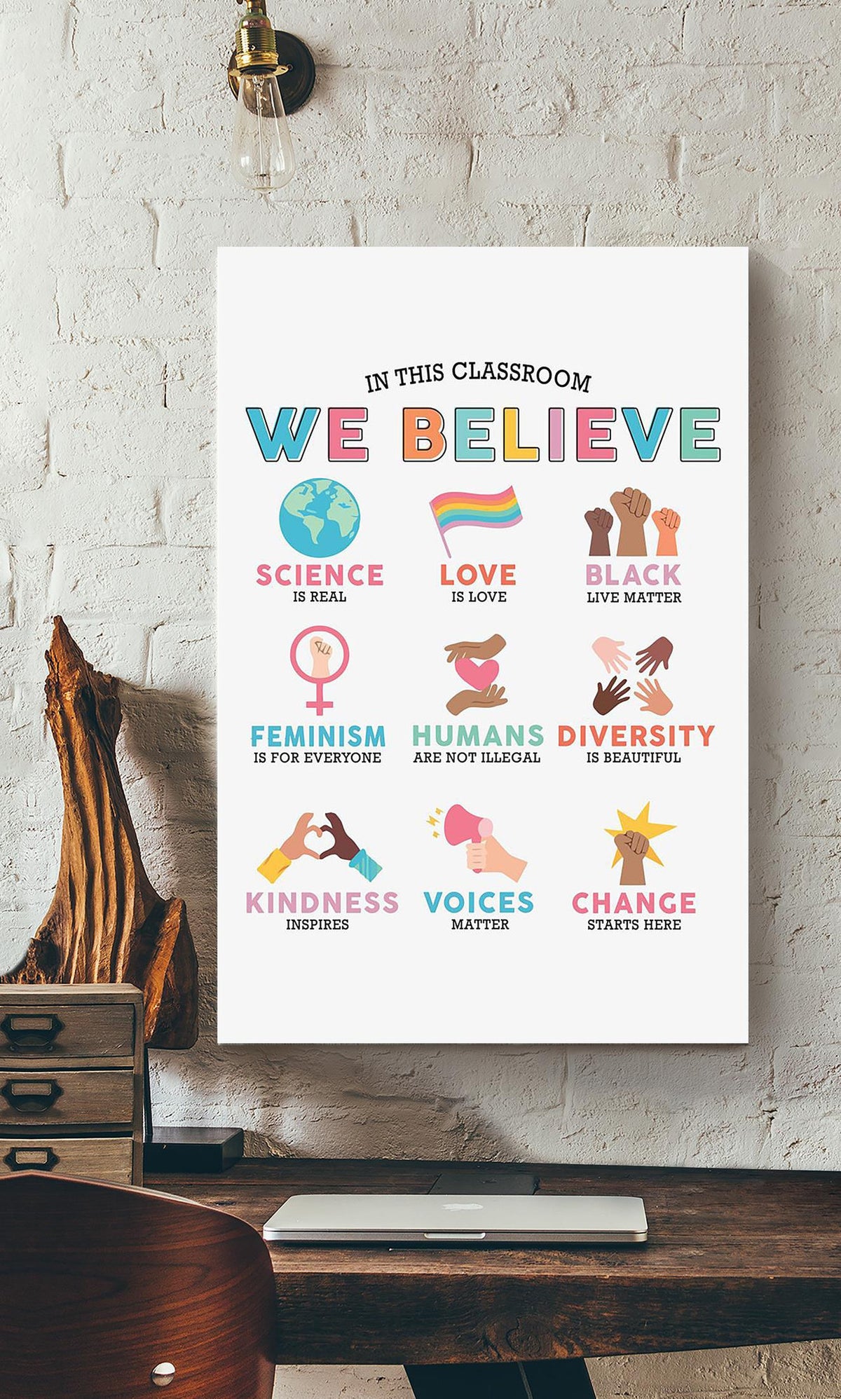 In This Classroom We Believe Equality Wall Art For Classroom Nursery Pre School Decor Canvas Gallery Wrapped Canvas Framed Gift Idea Framed Prints, Canvas