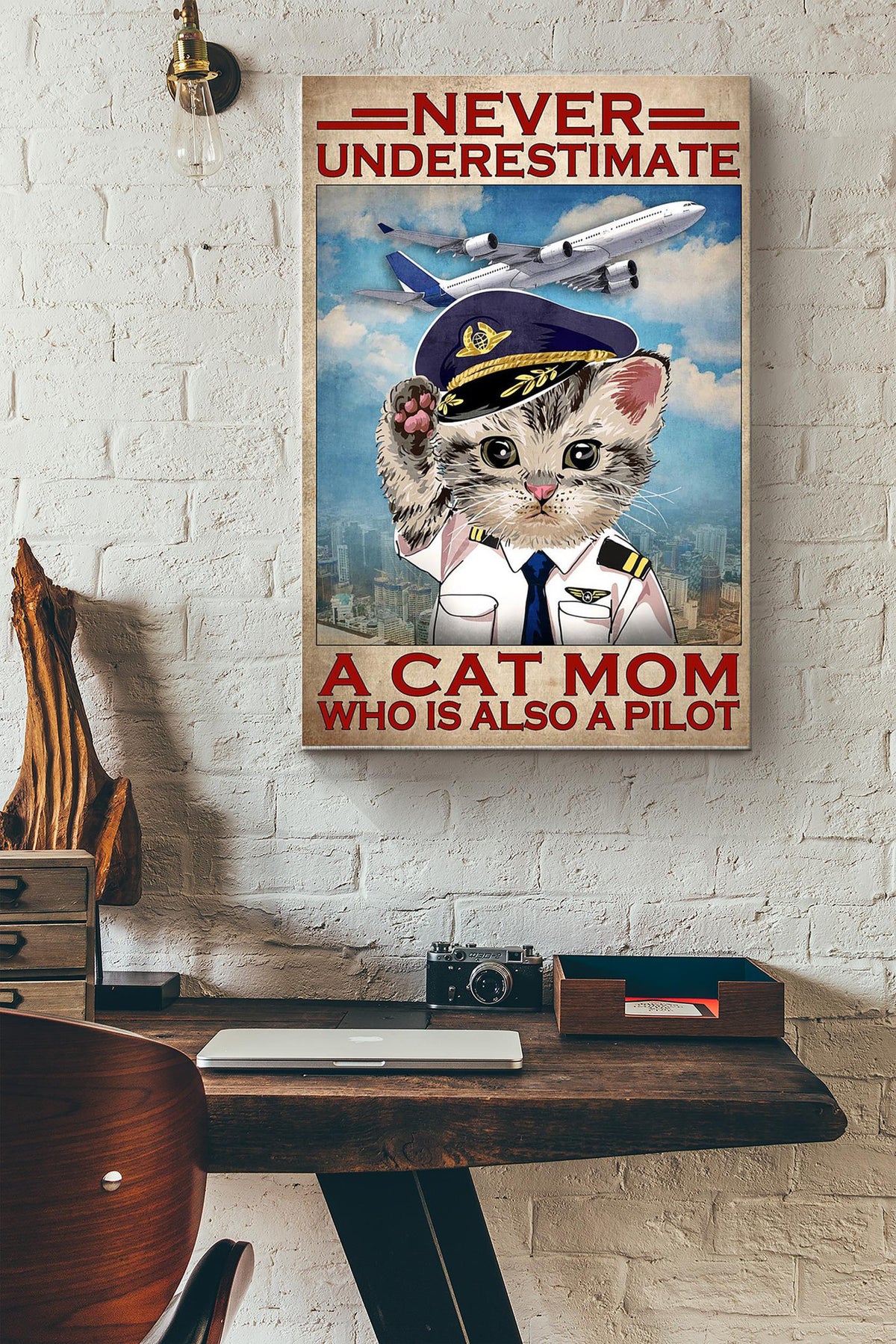 Never Underestimate A Cat Mom Who Is Also A Pilot Poster Canvas Gallery Wrapped Canvas Framed Gift Idea