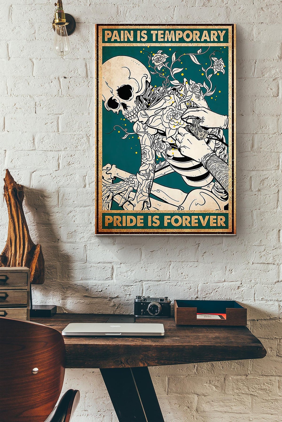Pain Is Temporary Pride Is Forever Skeleton Flowers Tattoo Poster Canvas Gallery Wrapped Canvas Framed Gift Idea