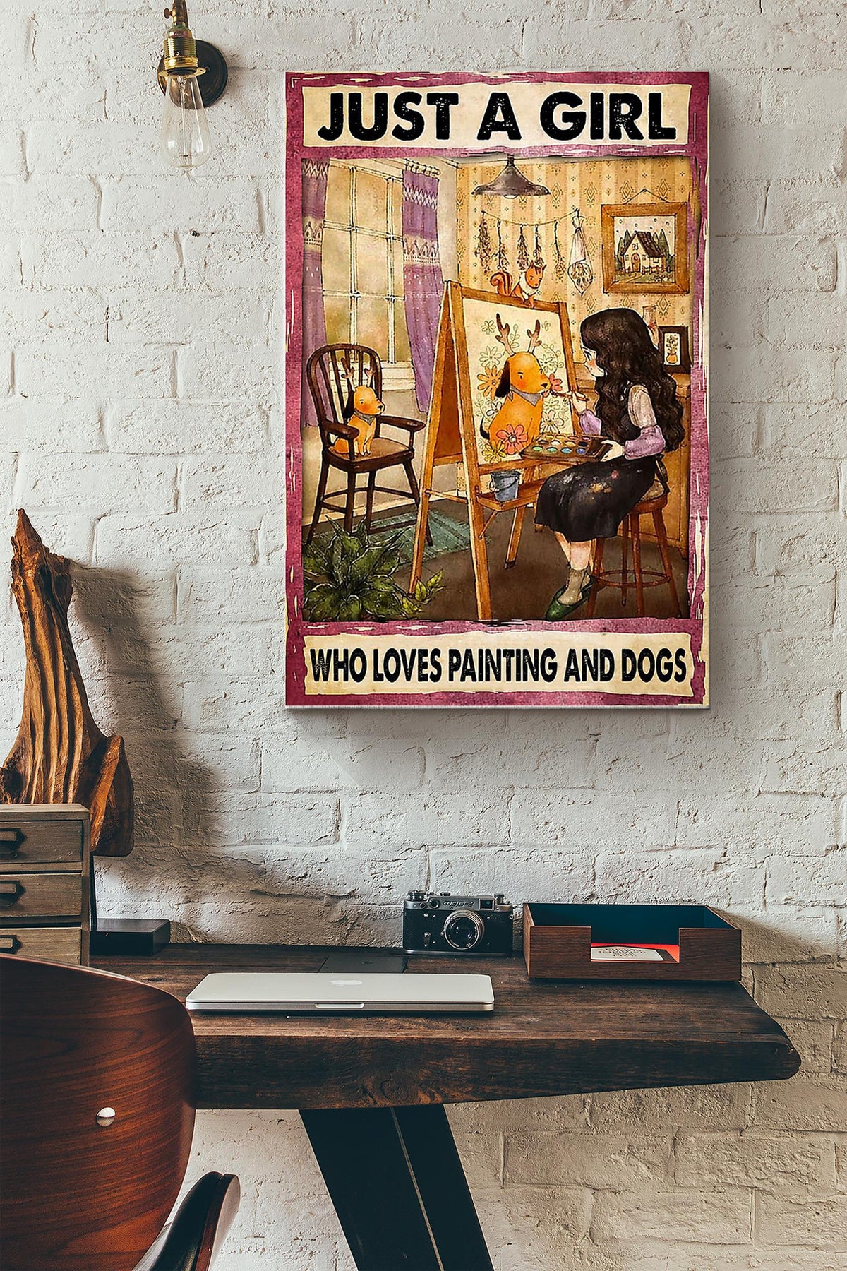 Just A Girl Loves And Dogs Poster - Wall Art - Gift For Painter Artist Girl Women Dog Dog Print Canvas Gallery Wrapped Canvas Framed Gift Idea Framed Prints, Canvas
