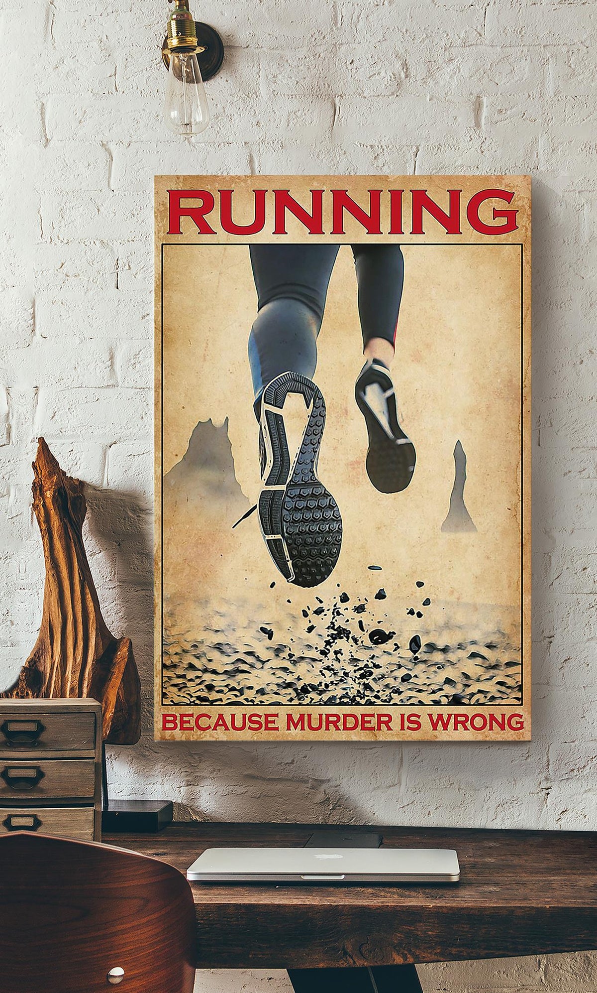 Running Because Murder Is Wrong Funny Motivation Quote Wall Art Gift For Marathon Runner Canvas Framed Prints, Canvas