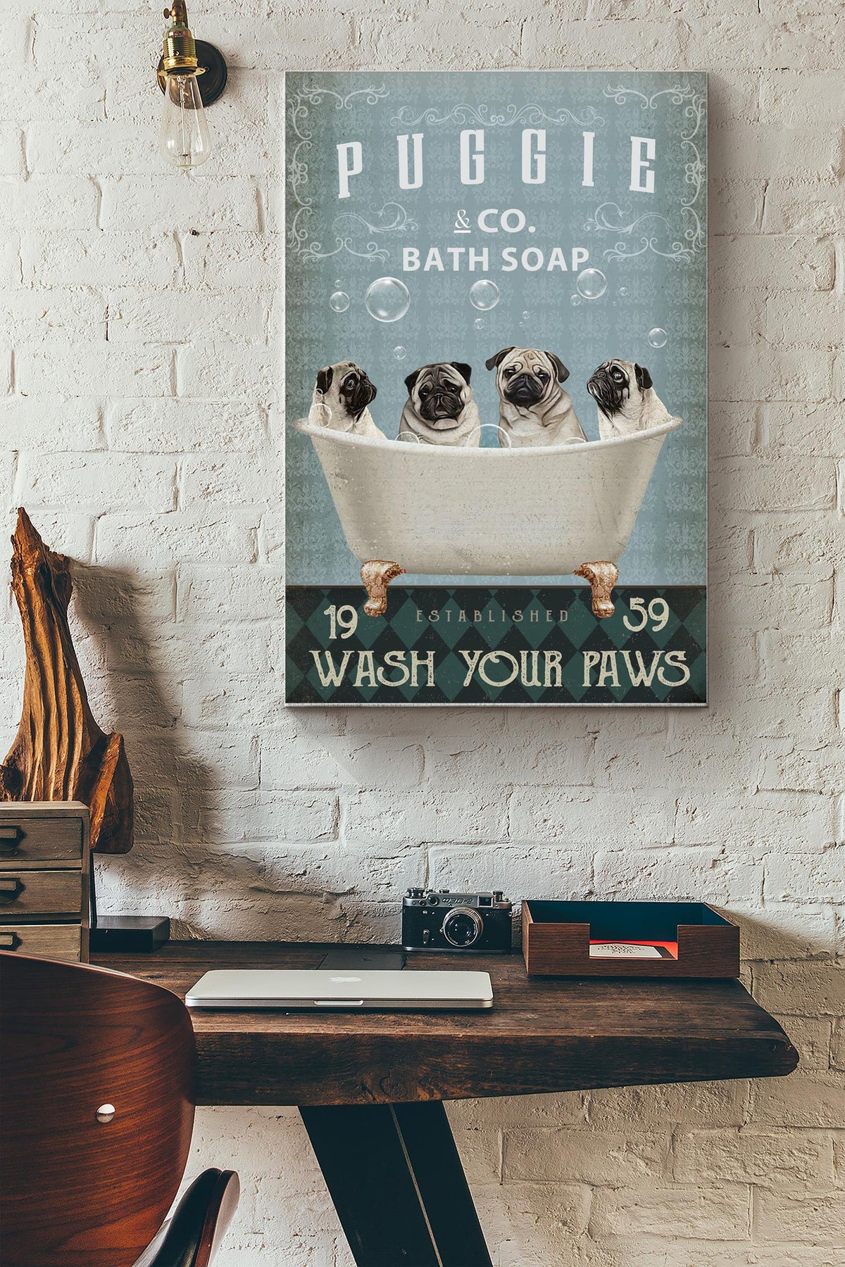 Puggie Co. Bath Soap Poster - Animal Wall Art - Gift For Bathroom Decor, Dog Lover, Dog Foster Canvas Gallery Wrapped Canvas Framed Gift Idea Framed Prints, Canvas