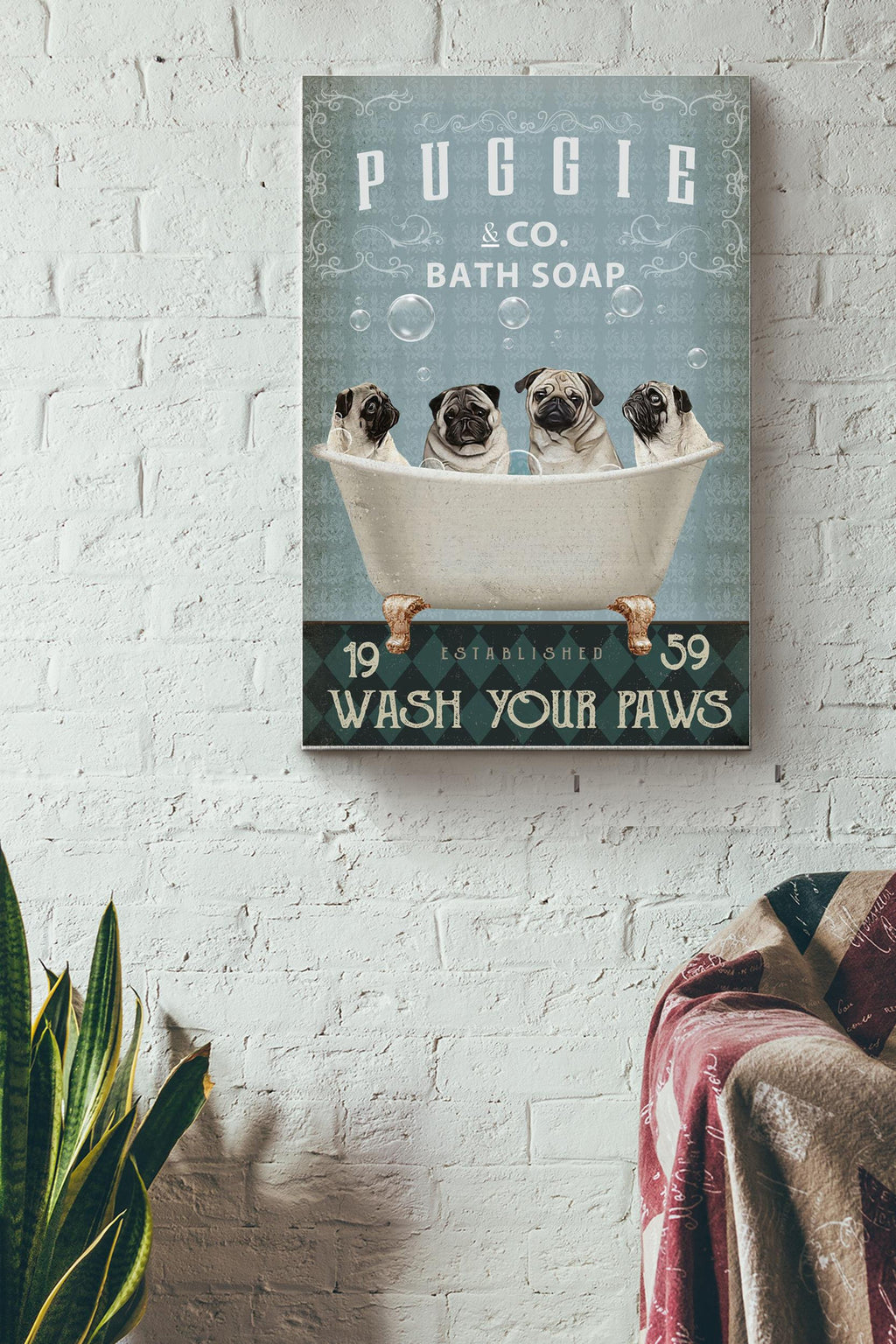 Puggie Co. Bath Soap Poster - Animal Wall Art - Gift For Bathroom Decor, Dog Lover, Dog Foster Canvas Gallery Wrapped Canvas Framed Gift Idea Framed Prints, Canvas