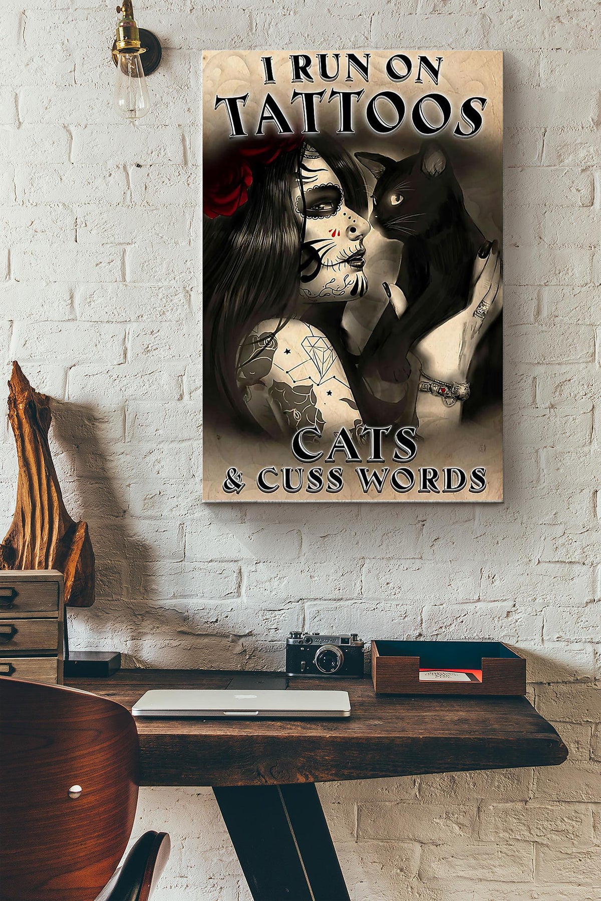 I Run On Tattoos Cats And Cuss Words Canvas Gallery Wrapped Canvas Framed Gift Idea