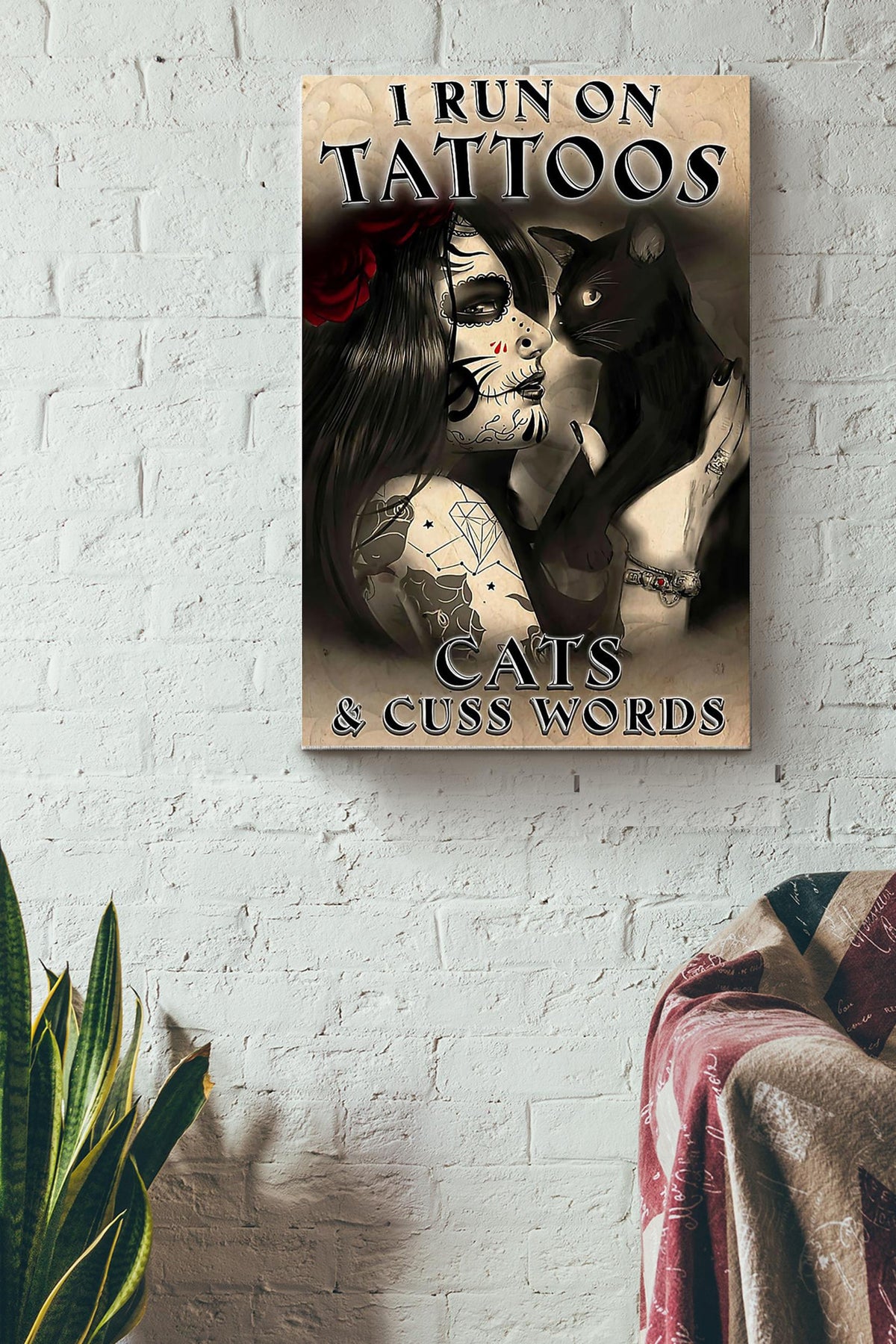 I Run On Tattoos Cats And Cuss Words Canvas Gallery Wrapped Canvas Framed Gift Idea