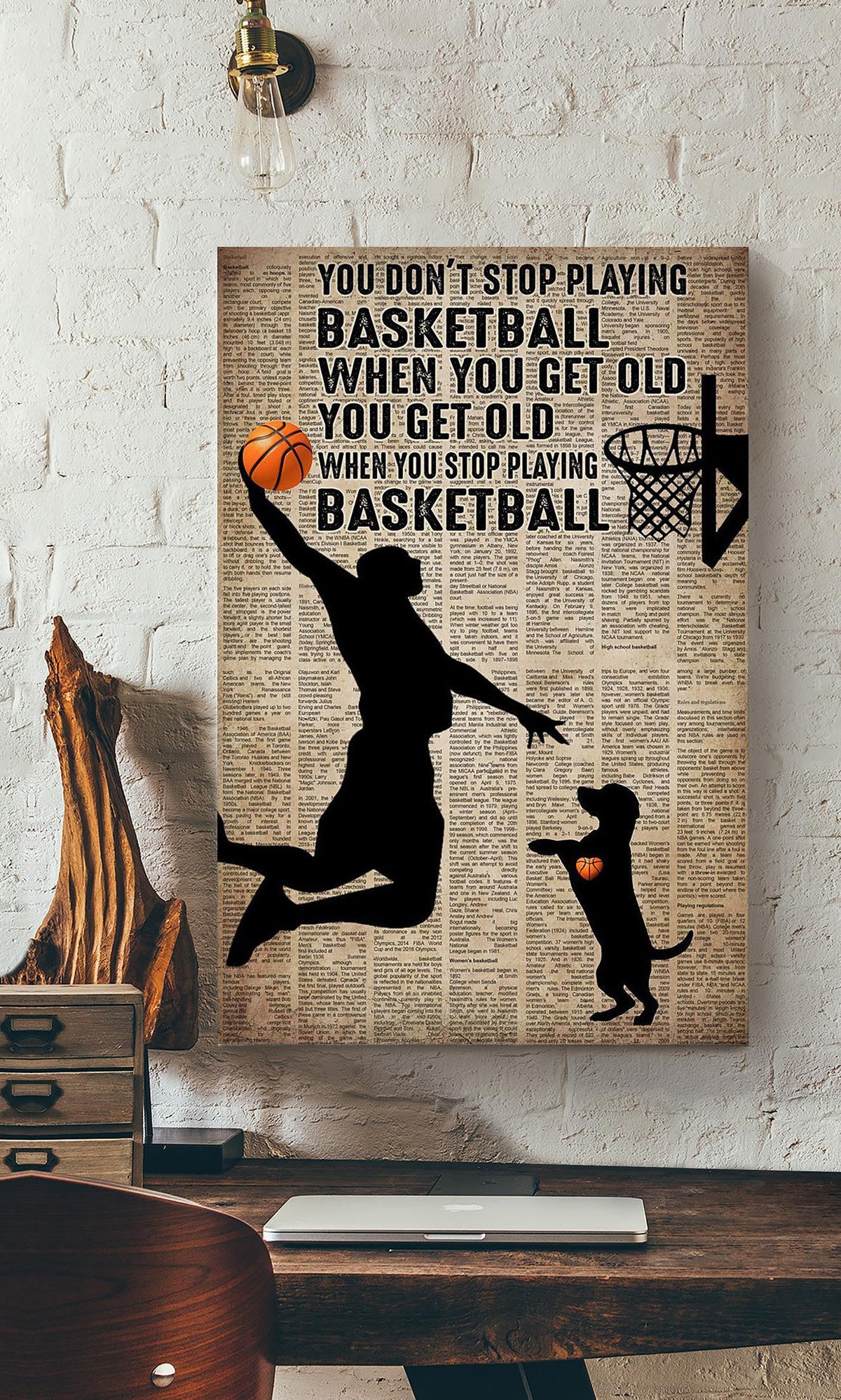 Man With Dog You Get Old When You Stop Playing Basketball Dog Wall Art For Home Decor Dog Lover Vasketball Player Gift Canvas Gallery Wrapped Canvas Framed Gift Idea Framed Prints, Canvas