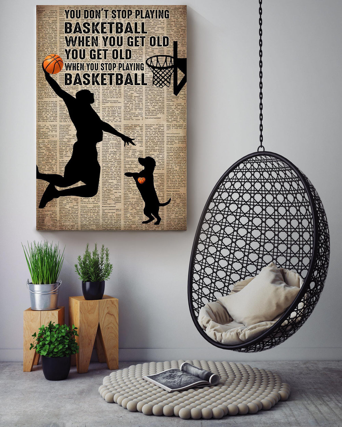 Man With Dog You Get Old When You Stop Playing Basketball Dog Wall Art For Home Decor Dog Lover Vasketball Player Gift Canvas Gallery Wrapped Canvas Framed Gift Idea Framed Prints, Canvas