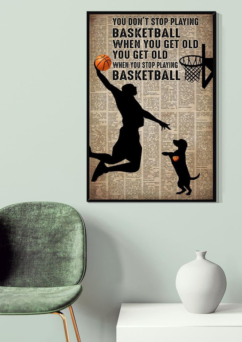Man With Dog You Get Old When You Stop Playing Basketball Dog Wall Art For Home Decor Dog Lover Vasketball Player Gift Canvas Gallery Wrapped Canvas Framed Gift Idea Framed Prints, Canvas