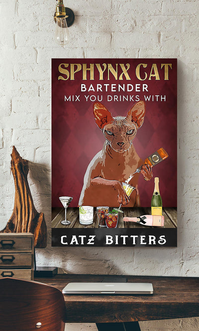 Mix Your Drinks With Catz Bitters Cool Cat Wall Art For Bartender Mom Cat Canvas Gallery Wrapped Canvas Framed Gift Idea Framed Prints, Canvas