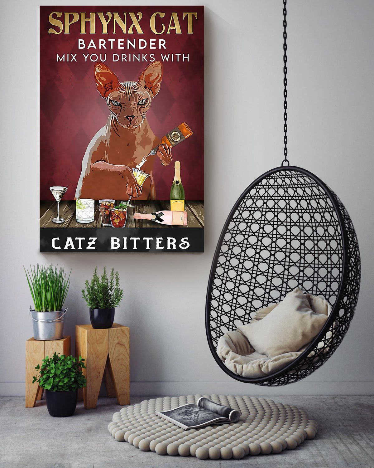 Mix Your Drinks With Catz Bitters Cool Cat Wall Art For Bartender Mom Cat Canvas Gallery Wrapped Canvas Framed Gift Idea Framed Prints, Canvas