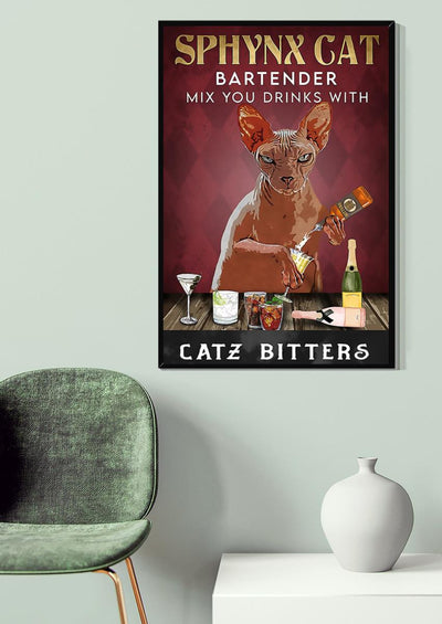 Mix Your Drinks With Catz Bitters Cool Cat Wall Art For Bartender Mom Cat Canvas Gallery Wrapped Canvas Framed Gift Idea Framed Prints, Canvas