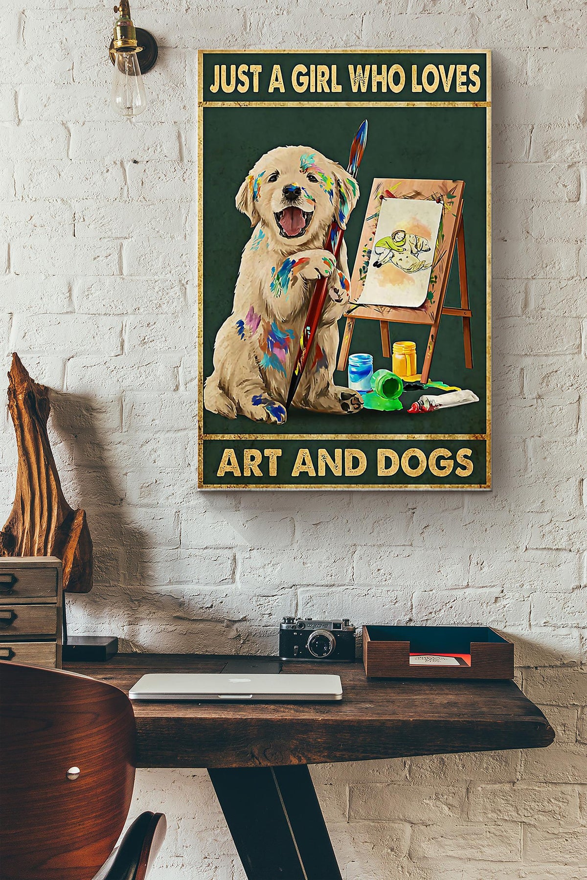 Just A Girl Loves Art And Dogs Poster - Wall Art - Gift For Painter Artist Girl Women Dog Dog Print Golden Retriever Art Canvas Gallery Wrapped Canvas Framed Gift Idea Framed Prints, Canvas