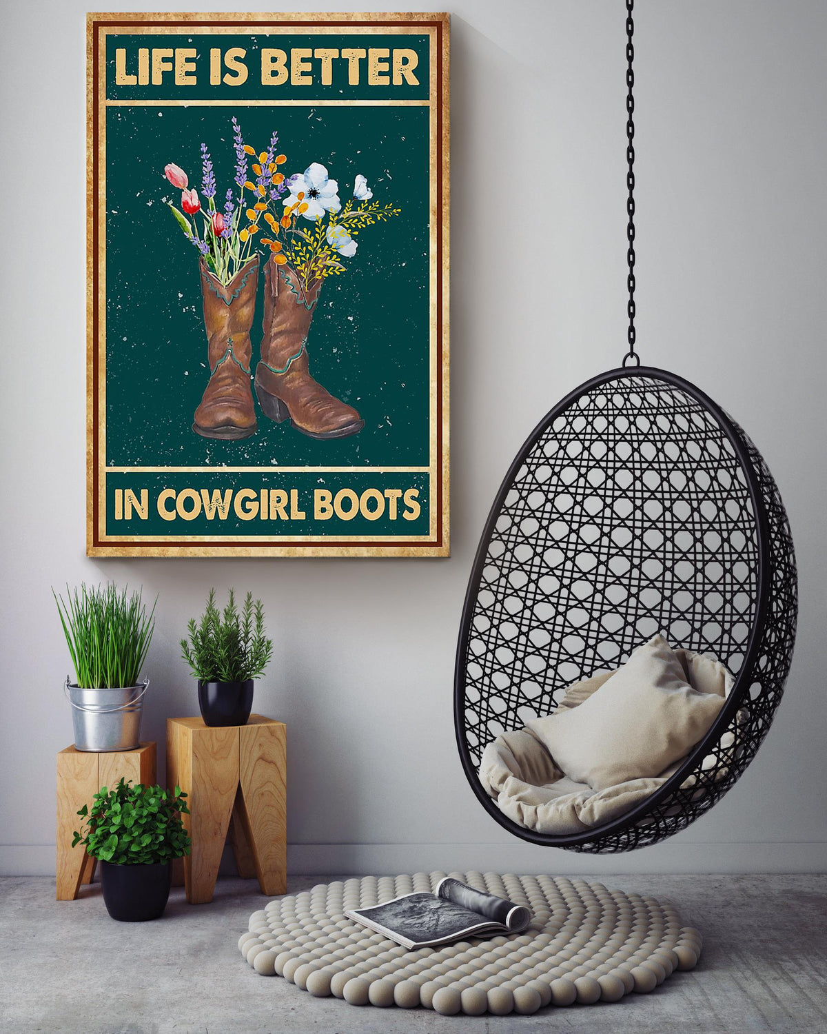 Life Is Better In Cowgirl Boots Poster Horse Riding Wall Art Cowgirl Cowboy Gift Canvas Framed Prints, Canvas