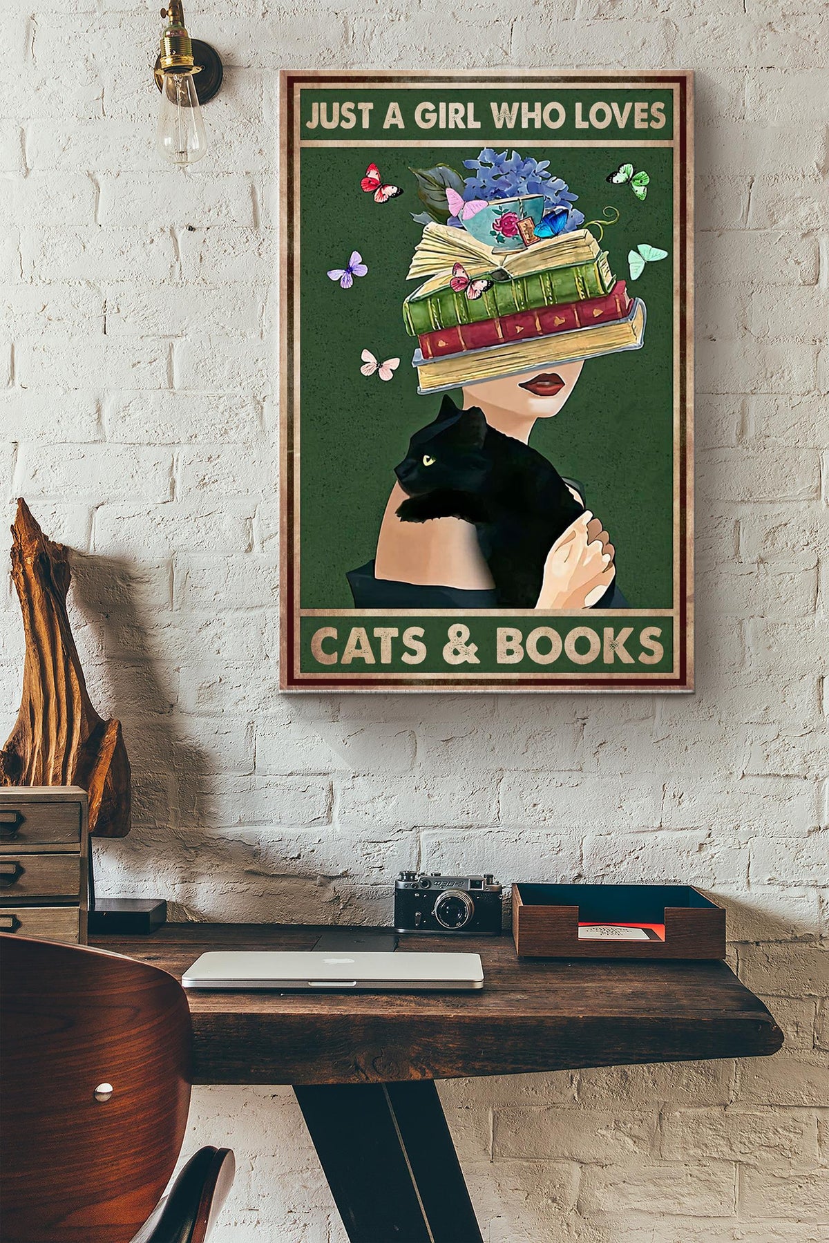Just A Girl Loves Cats And Books Poster - Decor Wall Art - Gift For Reader Reading Girl Library Author Cat Lover Cat Mom Canvas Gallery Wrapped Canvas Framed Gift Idea Framed Prints, Canvas