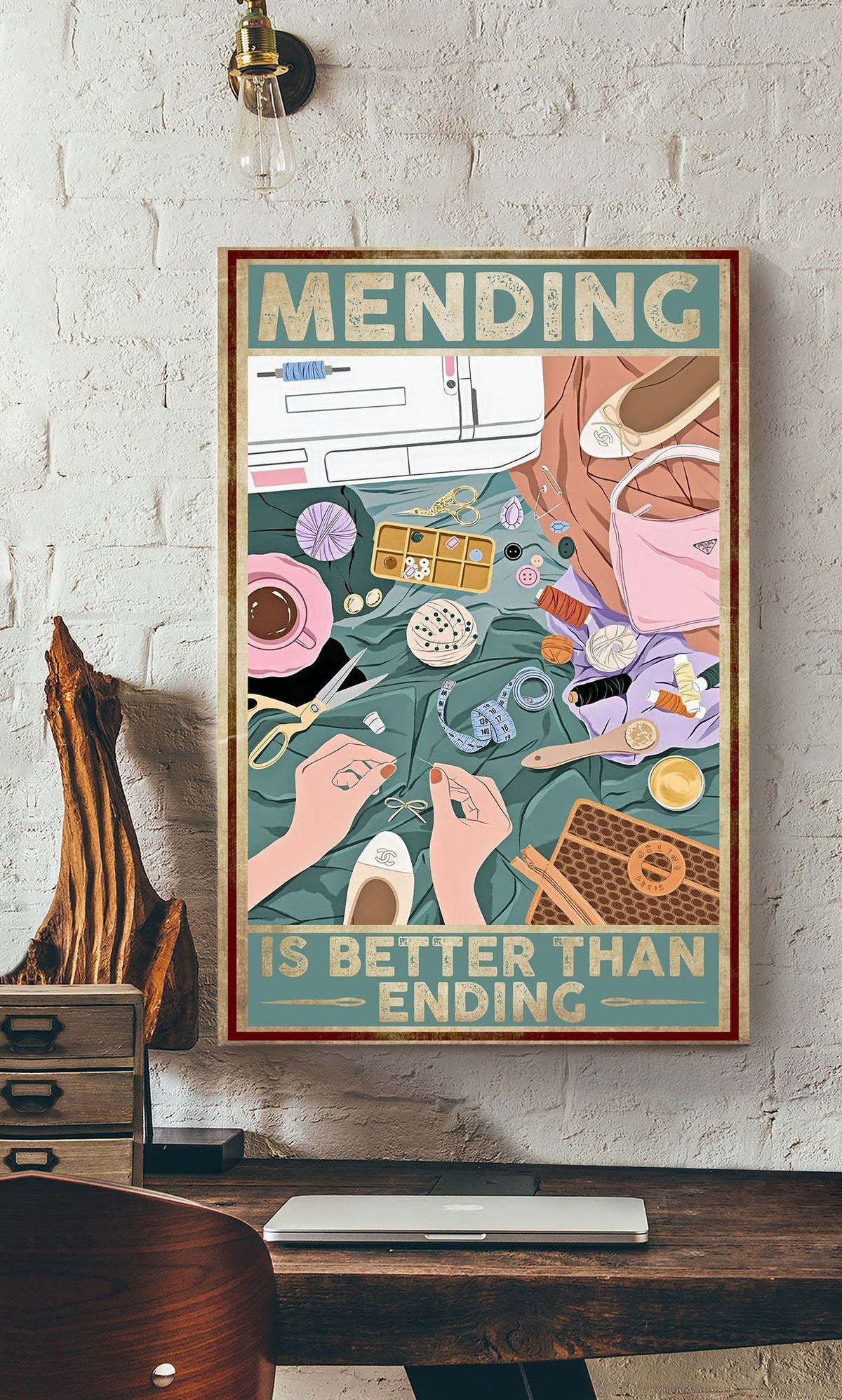 Mending Better Than Ending Furniture Wall Art Gift For Tailor Embroidered Sewer Canvas Framed Prints, Canvas
