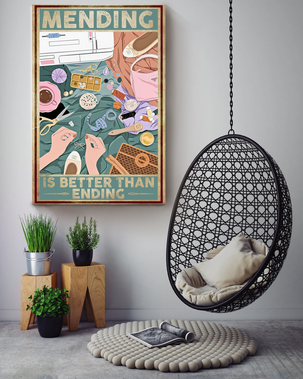 Mending Better Than Ending Furniture Wall Art Gift For Tailor Embroidered Sewer Canvas Framed Prints, Canvas