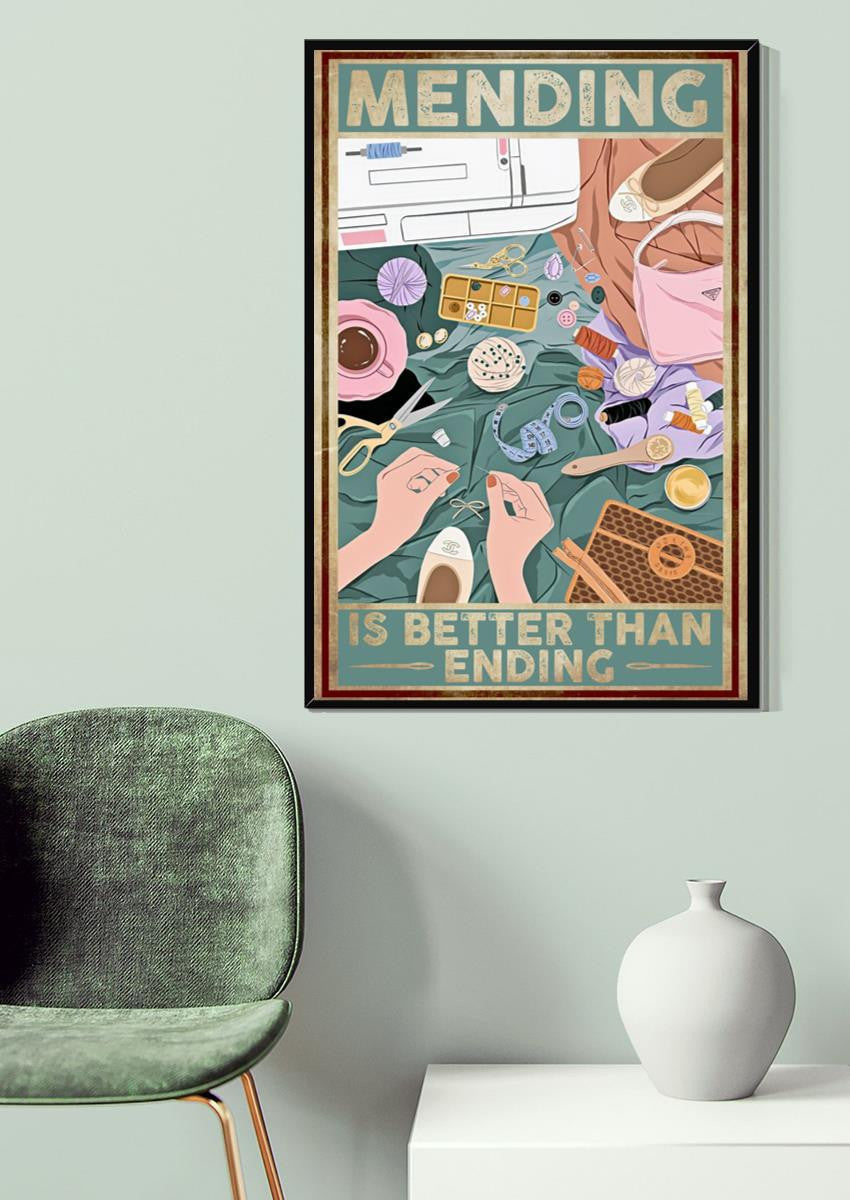 Mending Better Than Ending Furniture Wall Art Gift For Tailor Embroidered Sewer Canvas Framed Prints, Canvas