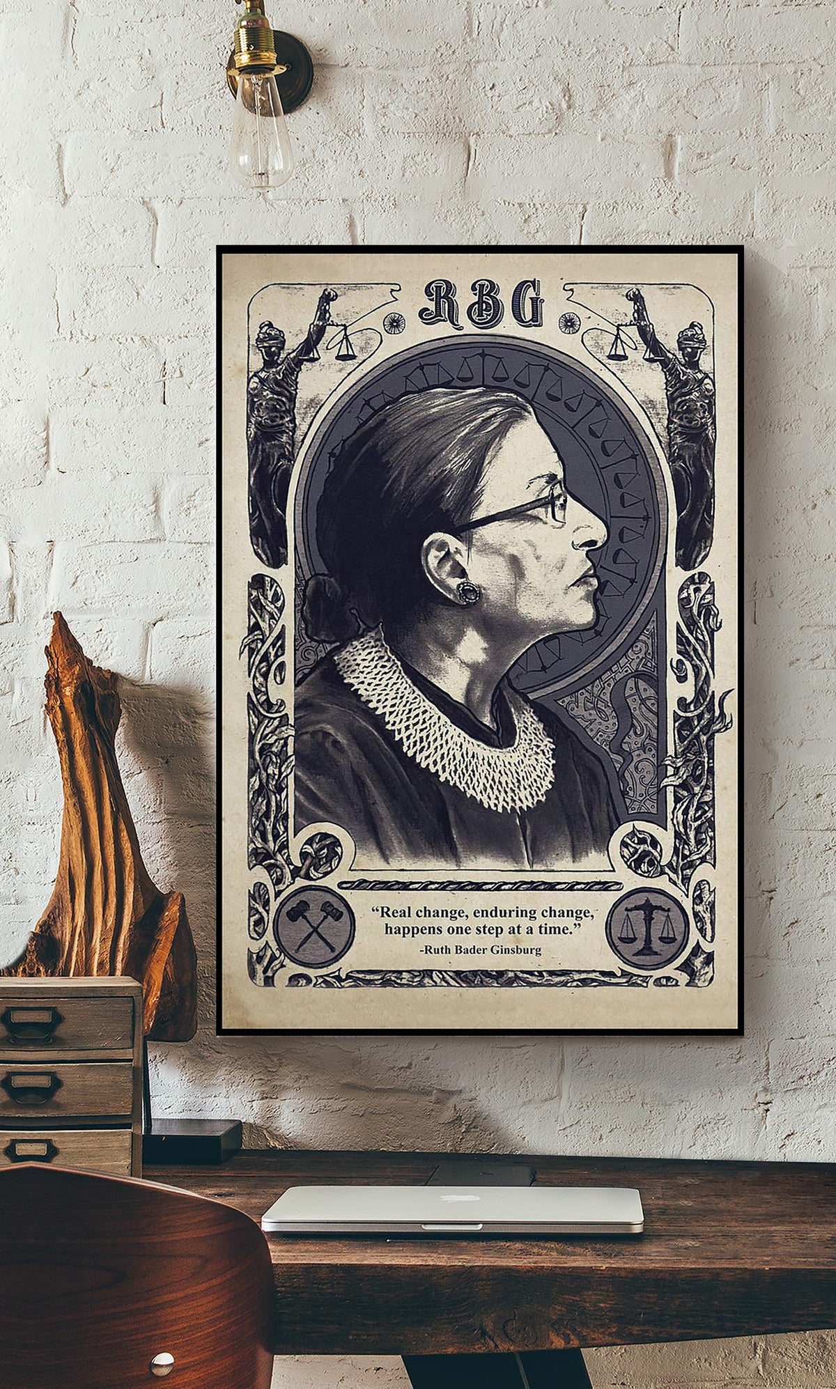 Rbg Real Change Enduring Change Motivation Quote Wall Art For Home Decor Housewarming Canvas Framed Prints, Canvas