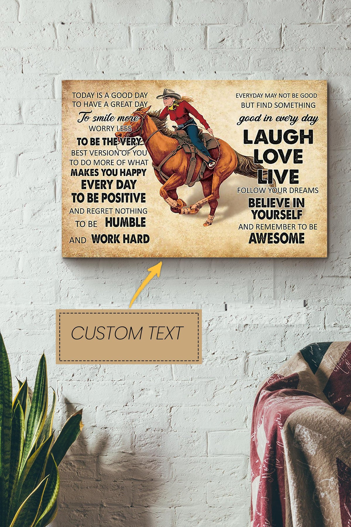 Laugh Love Poster - Animal Wall Art - Gift For Horse Lover Horse Rider Cowboy Farmhouse Decor Canvas Gallery Wrapped Canvas Framed Gift Idea Framed Prints, Canvas