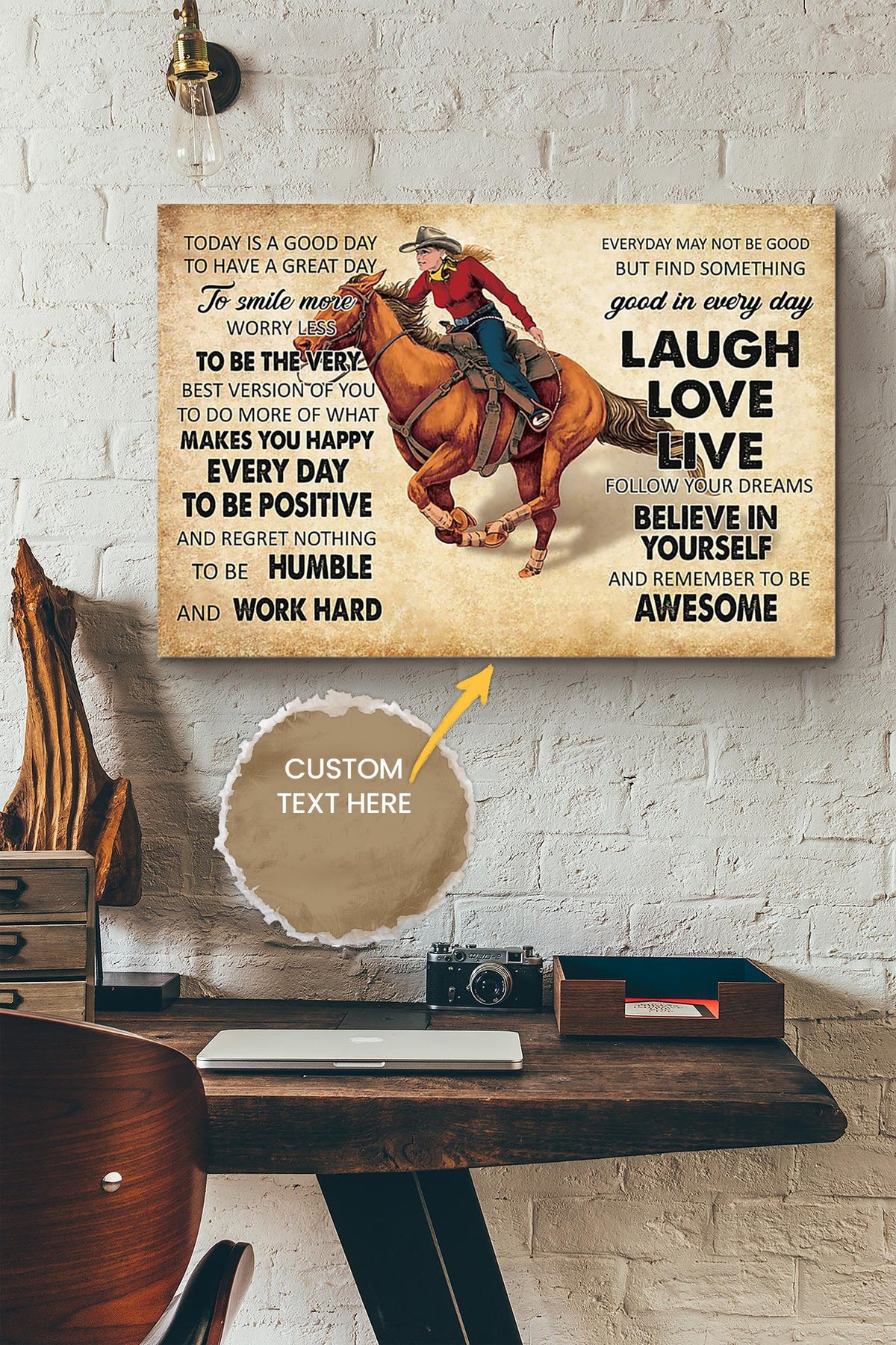Laugh Love Poster - Animal Wall Art - Gift For Horse Lover Horse Rider Cowboy Farmhouse Decor Canvas Gallery Wrapped Canvas Framed Gift Idea Framed Prints, Canvas