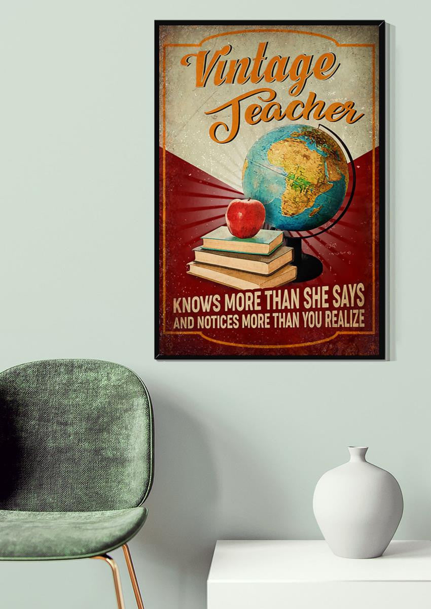 Vintage Teacher Konws More Than She Says And Notices More Than You Realize Canvas Gallery Wrapped Canvas Framed Gift Idea