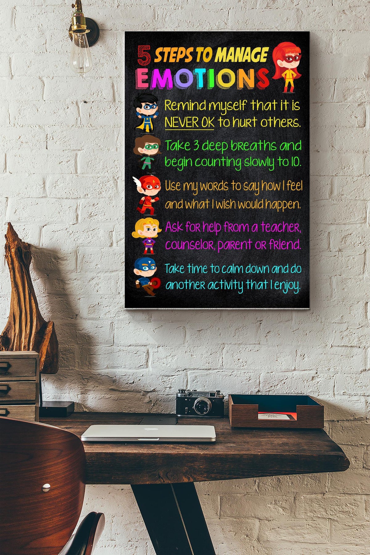 Teacher 5 Steps To Manage Emotions Photo Print Gallery Canvas Wall ArtCanvas Wall Hangings Room Art Decor Canvas Gallery Wrapped Canvas Framed Gift Idea Framed Prints, Canvas