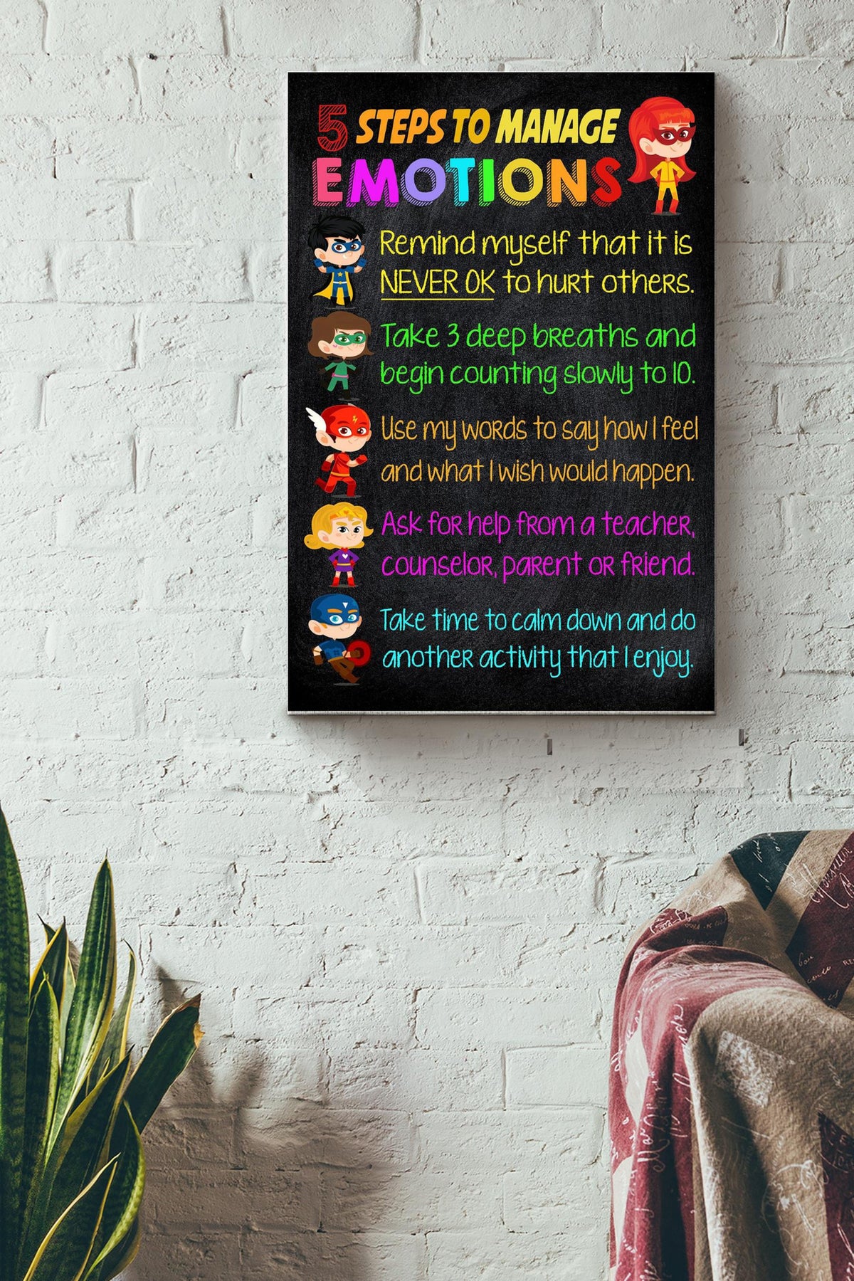 Teacher 5 Steps To Manage Emotions Photo Print Gallery Canvas Wall ArtCanvas Wall Hangings Room Art Decor Canvas Gallery Wrapped Canvas Framed Gift Idea Framed Prints, Canvas