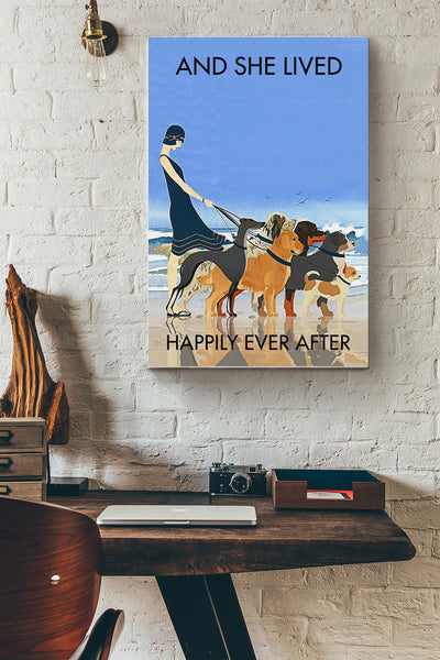 She Lived Happily Ever After With Her Dogs Poster - Decor Gallery Canvas Wall Art- Gift Girl Women Dog Mom Dog Lover Home Decor Beach Lover Canvas Gallery Wrapped Canvas Framed Gift Idea Framed Prints, Canvas