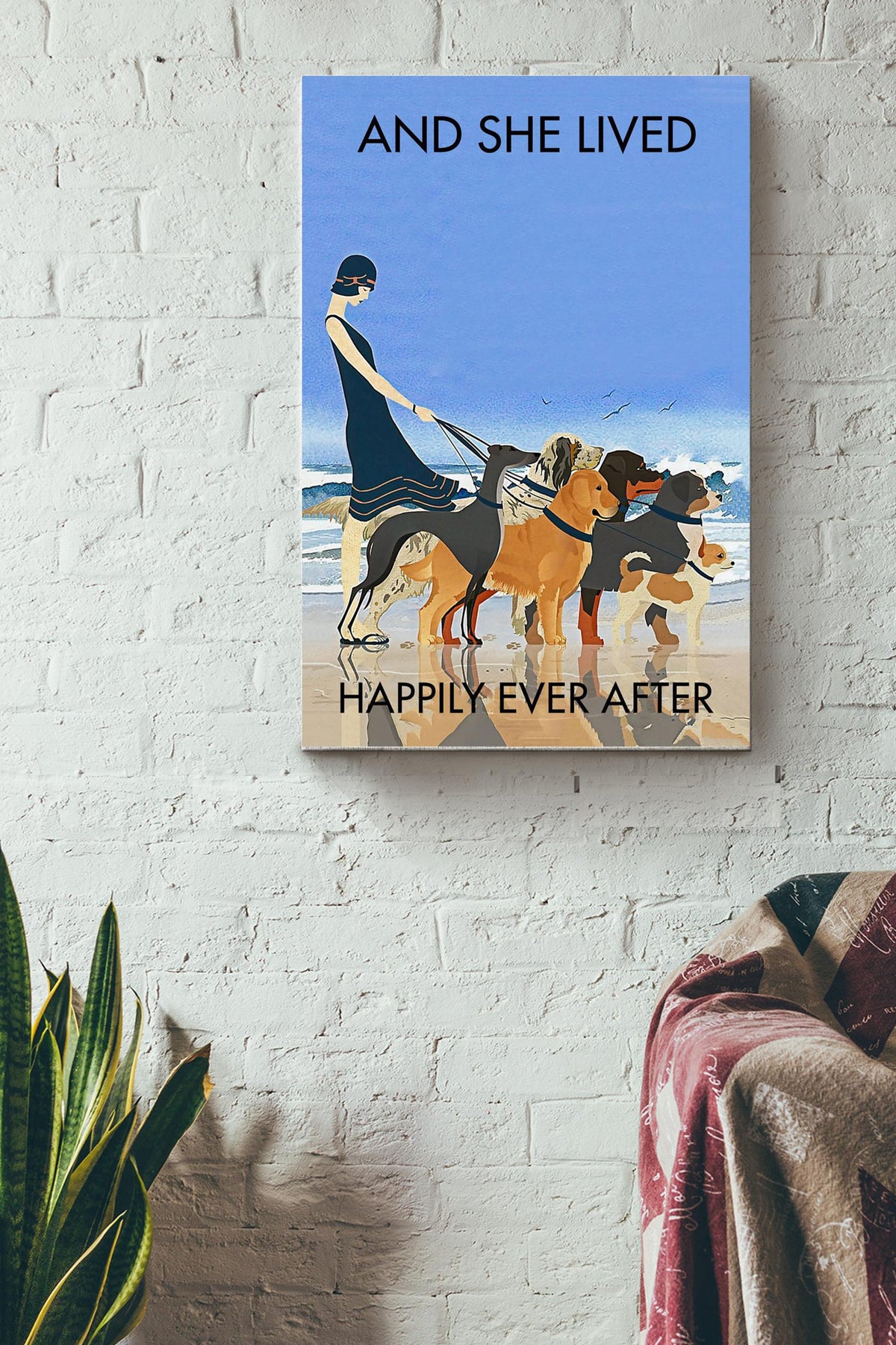 She Lived Happily Ever After With Her Dogs Poster - Decor Gallery Canvas Wall Art- Gift Girl Women Dog Mom Dog Lover Home Decor Beach Lover Canvas Gallery Wrapped Canvas Framed Gift Idea Framed Prints, Canvas