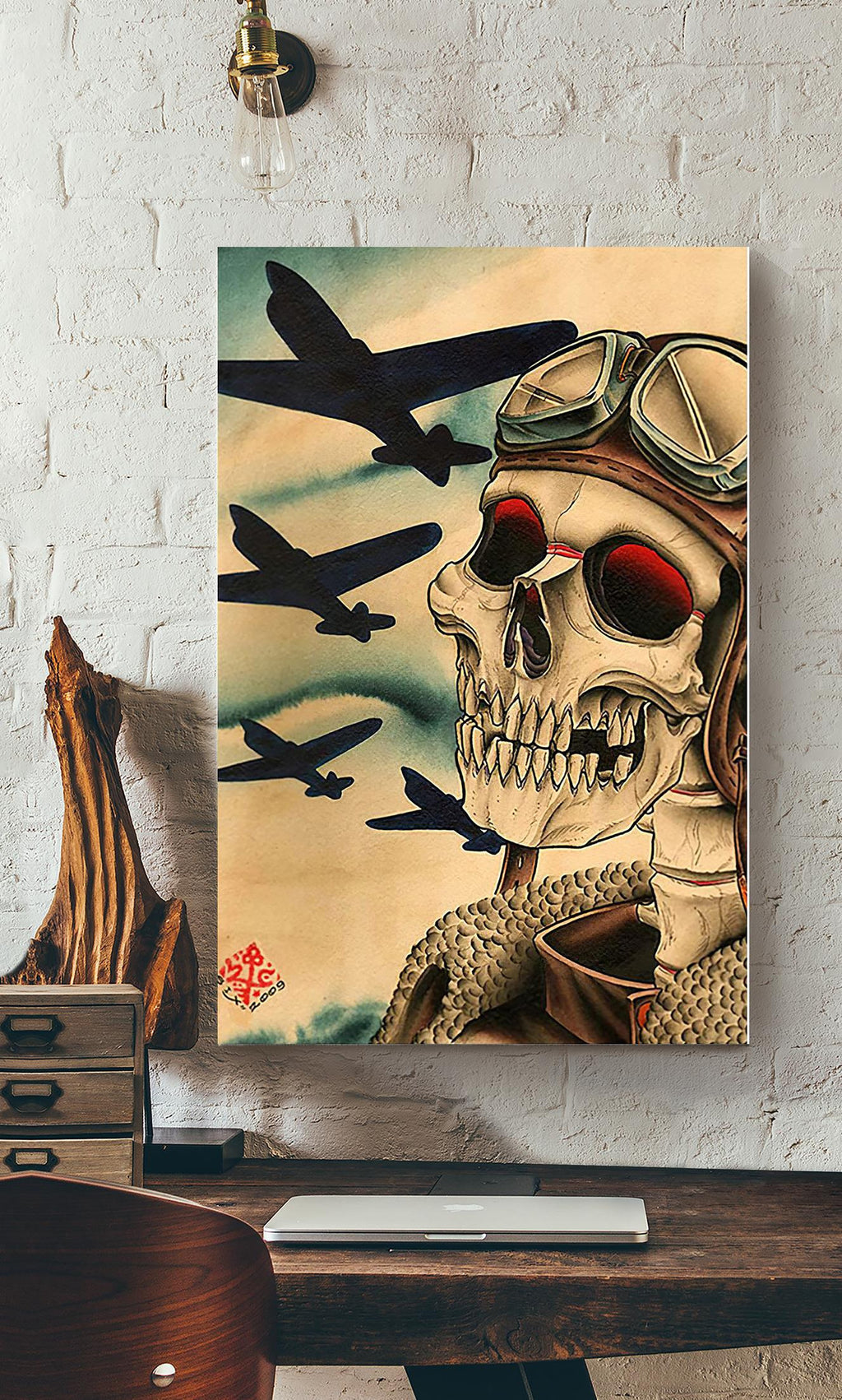 Skull Pilot Vintage Retro Gallery Canvas Wall ArtGift For Flight Attendant Pilot Frixion Canvas Framed Prints, Canvas