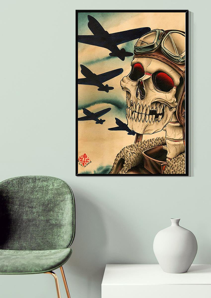 Skull Pilot Vintage Retro Gallery Canvas Wall ArtGift For Flight Attendant Pilot Frixion Canvas Framed Prints, Canvas