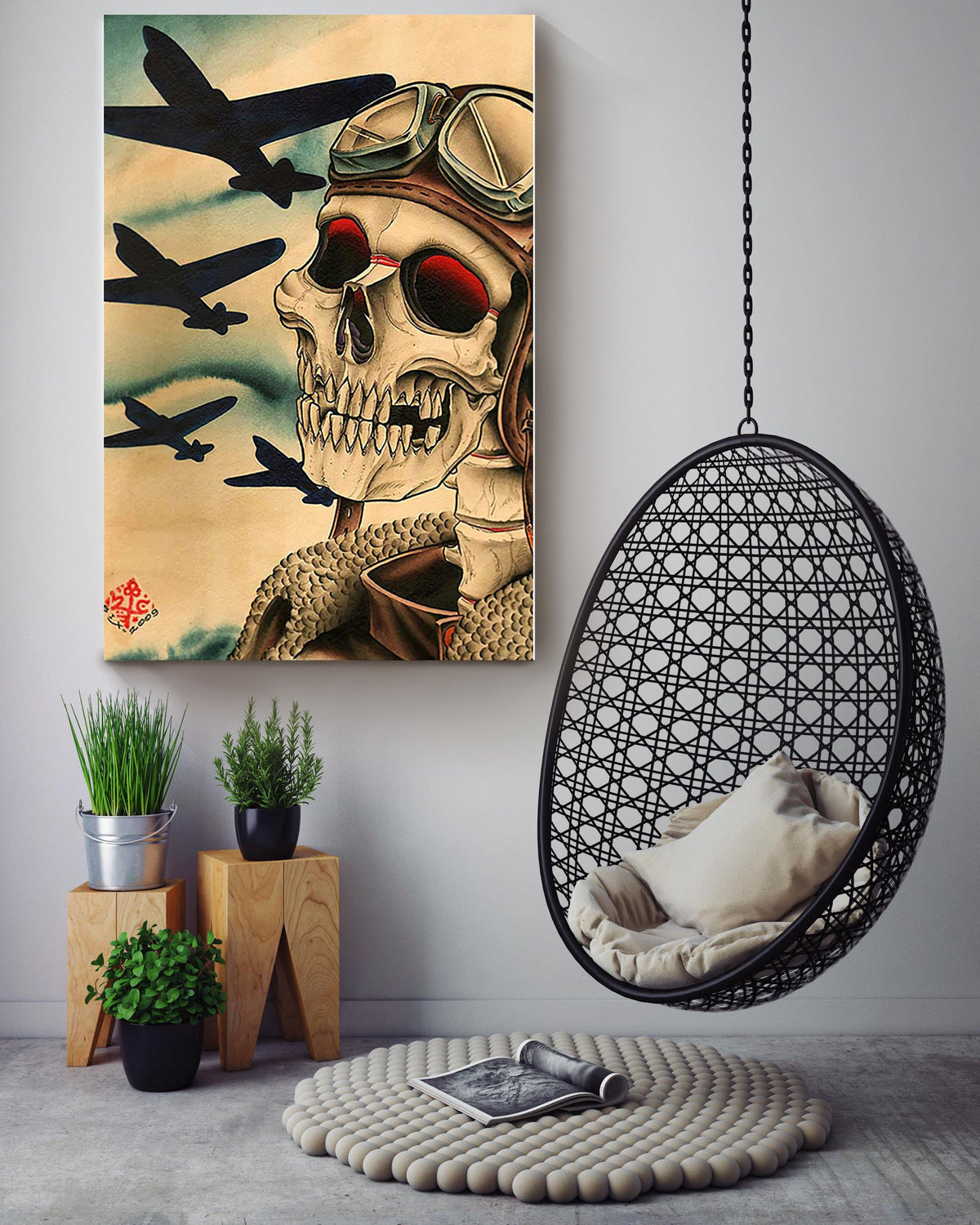Skull Pilot Vintage Retro Gallery Canvas Wall ArtGift For Flight Attendant Pilot Frixion Canvas Framed Prints, Canvas
