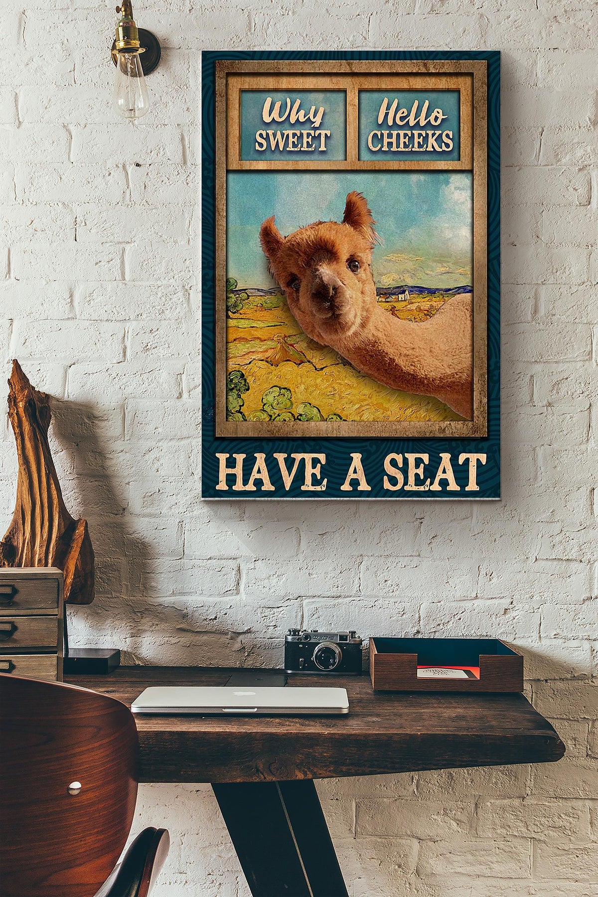 Why Sweet Hello Cheeks Have A Seat Alpaca Outside The Window Poster Canvas Gallery Wrapped Canvas Framed Gift Idea