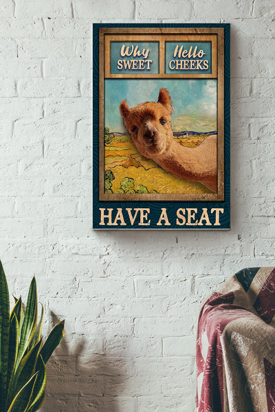 Why Sweet Hello Cheeks Have A Seat Alpaca Outside The Window Poster Canvas Gallery Wrapped Canvas Framed Gift Idea