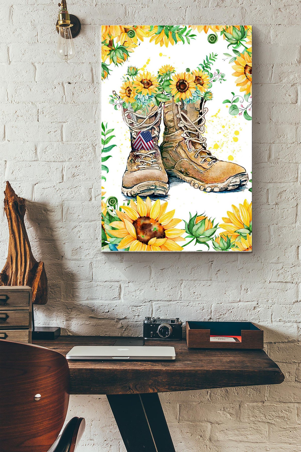 Sunflower Combat Boots Veteran Poster Vintage Gallery Canvas Wall ArtGifts Canvas Gallery Wrapped Canvas Framed Gift Idea Framed Prints, Canvas