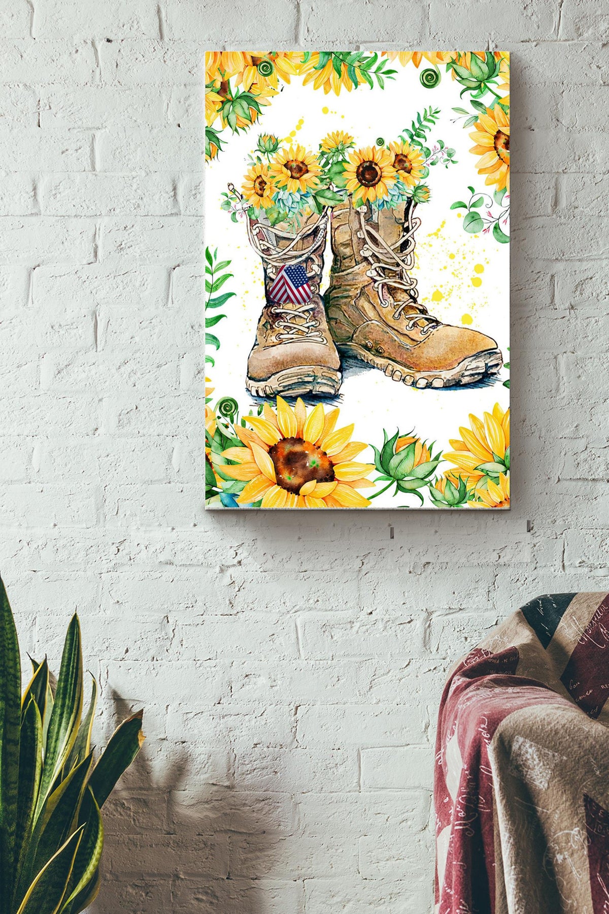 Sunflower Combat Boots Veteran Poster Vintage Gallery Canvas Wall ArtGifts Canvas Gallery Wrapped Canvas Framed Gift Idea Framed Prints, Canvas