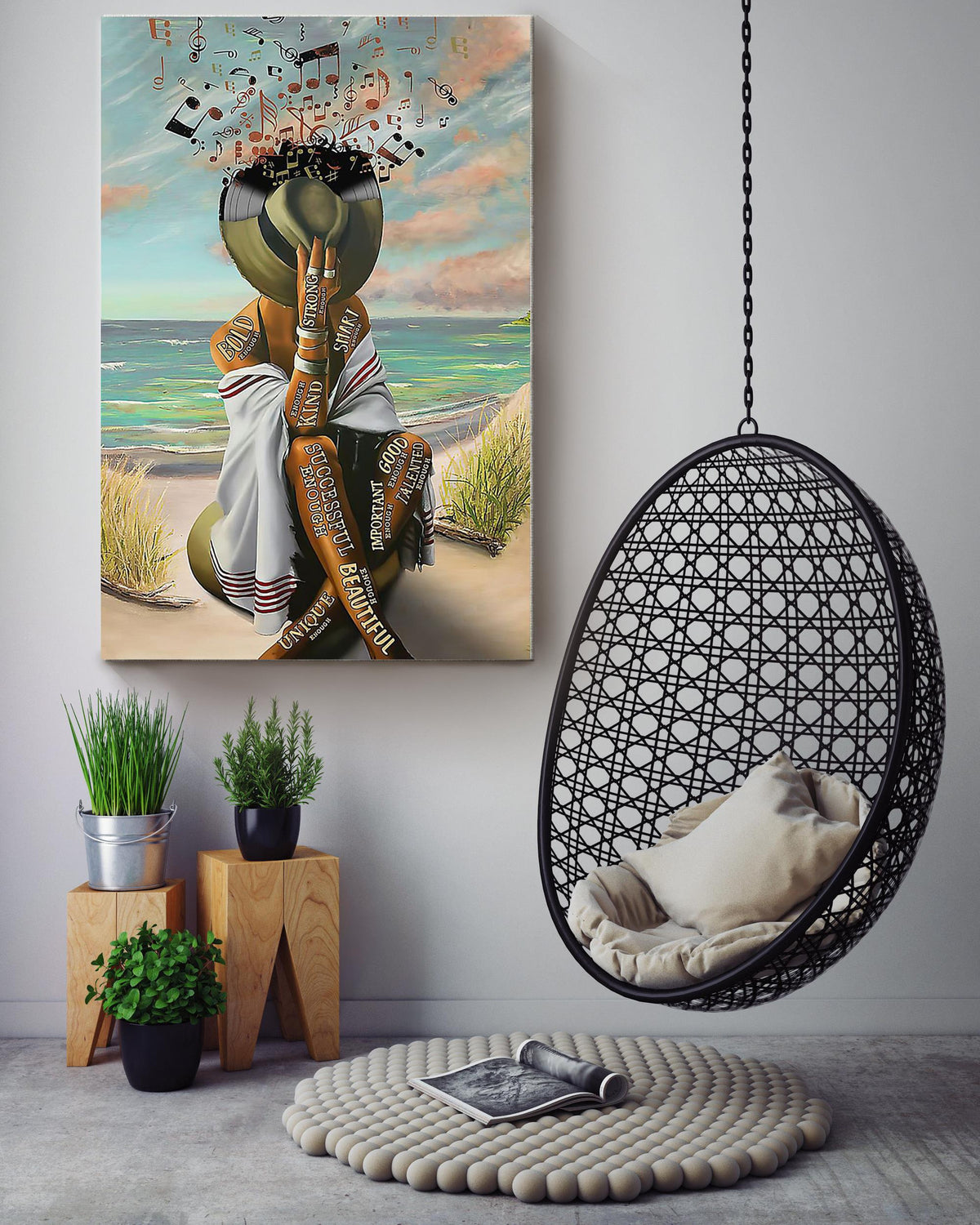 Vinyl Music Hat Cover Girl On Beach Canvas Gallery Wrapped Canvas Framed Gift Idea
