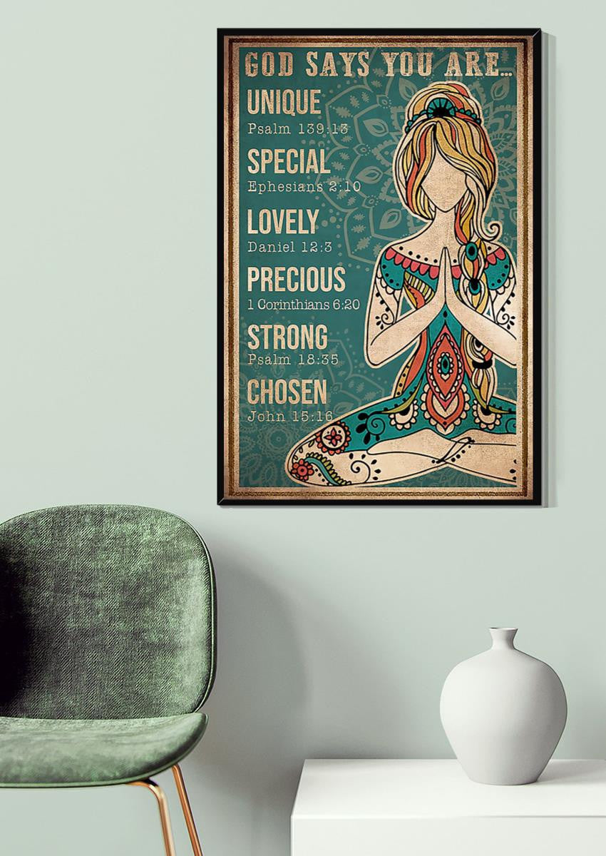 Yoga God Says You Are Unique Special Lovely Precious Strong Chosen Gallery Canvas Wall ArtFor Yoga Lover Yoga Studio Decor Canvas Gallery Wrapped Canvas Framed Gift Idea Framed Prints, Canvas