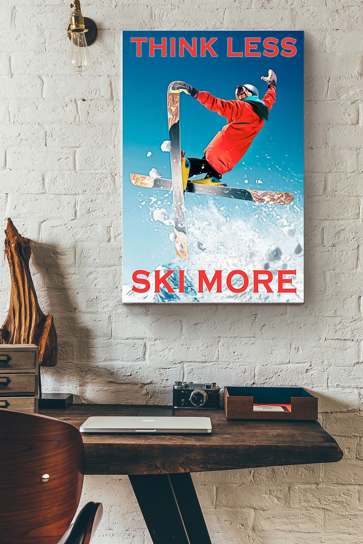 Think Less Ski More Skiing Poster Canvas Gallery Wrapped Canvas Framed Gift Idea