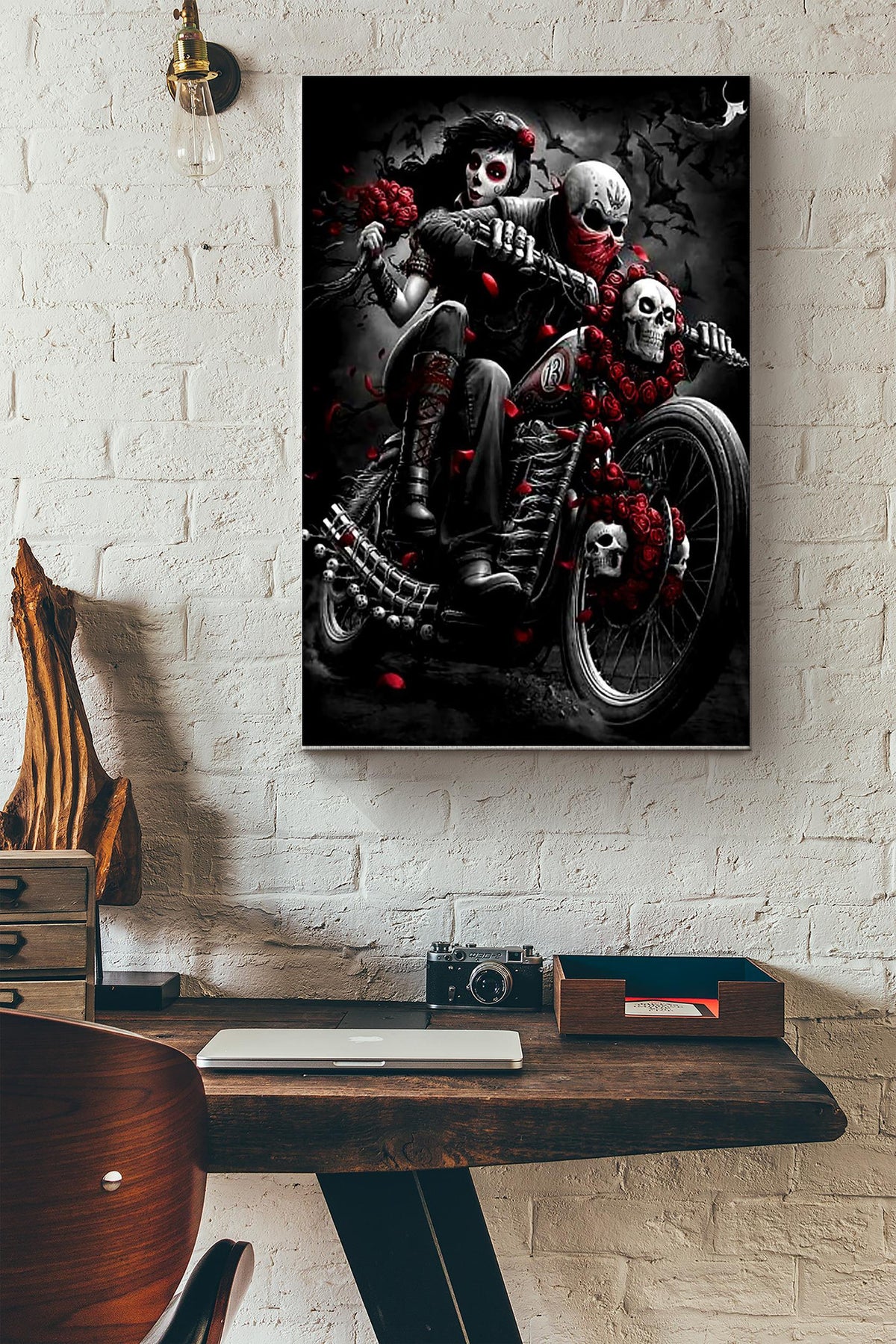 Tattoo Couple Skull Motorcycle Racing Halloween Poster Canvas Gallery Wrapped Canvas Framed Gift Idea